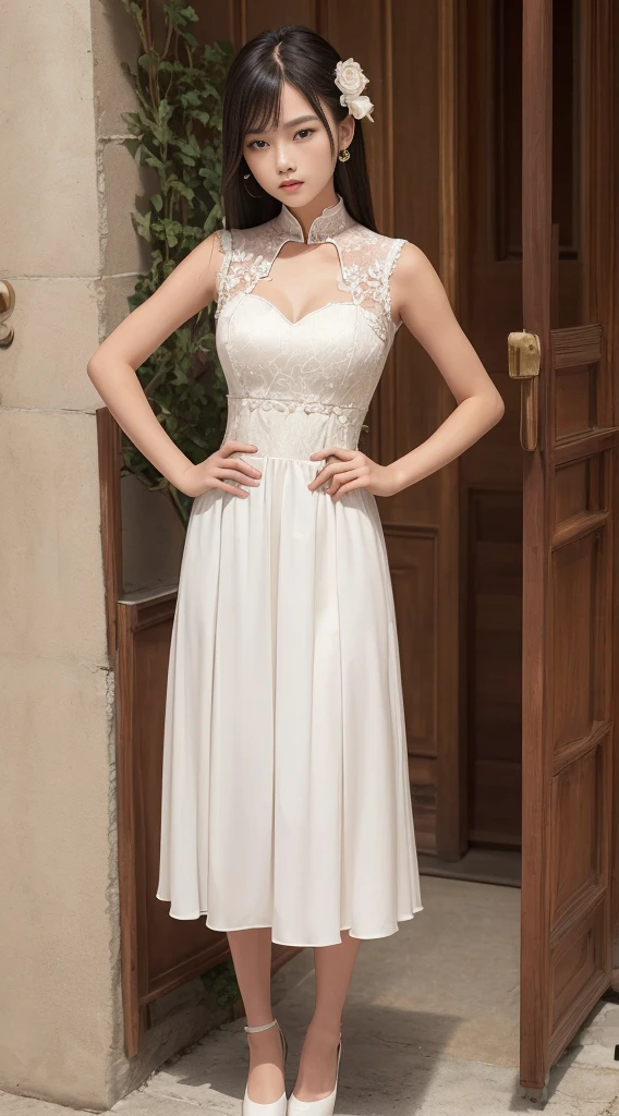 Masterpiece, 1 Girl, Beautiful Face A Chinese-inspired dress featuring lace elements at the neckline and cuffs, a traditional moire pattern, details including pleats, embroidery and beads. The fabric is silk and crepe, knee-length or long, with bows or flowers at the waist or neckline