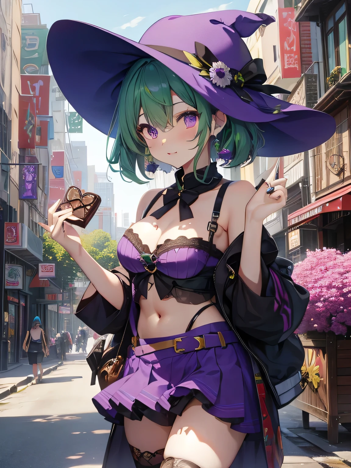best image quality、purple eye、green hair、belly button、I have a box of chocolates in my hand
