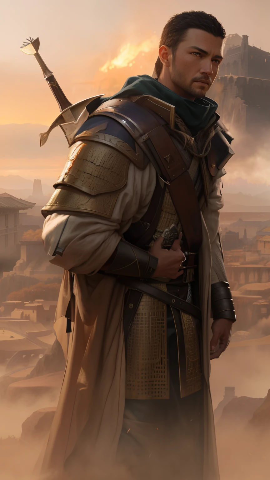 ultra-realistic, cinematic portrait of a young warrior, photo-realistic digital art format depicting a scene from a fantasy setting - an amazing artwork by the talented Greg Rutkowski rendered in stunning UHD 8k quality.