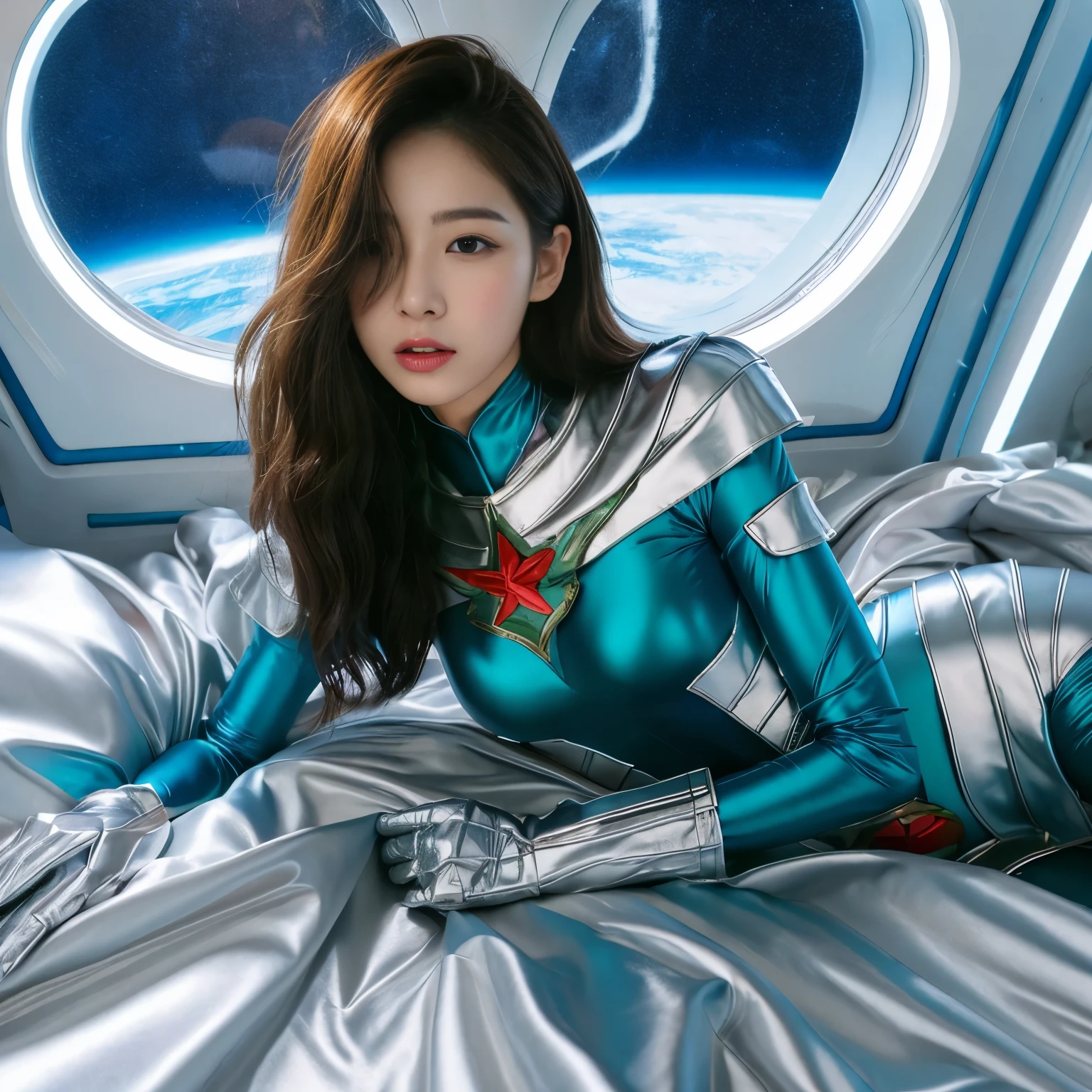 best image quality、Super high resolution、(realism:1.4)、Korean beauty star、The most beautiful KPOP star、face、Horny Korean makeup、erotic expression、A body that makes you want to touch it、Erotic photos、Realistic satin fabric texture、Costume made of stretch satin fabric that is smooth to the touch、The drape of the curved part of the satin fabric、Strong luster of costume、costume quality、8K photo quality、Costume made of high-quality satin fabric with high density、Super-class battle leather cloak with a smooth texture、Super Sentai Women's Heroine Suit、Super-class battleship shiny costumes、Texture of costumes that satin fetishists respond to、Thin, glossy stretch satin fabric、