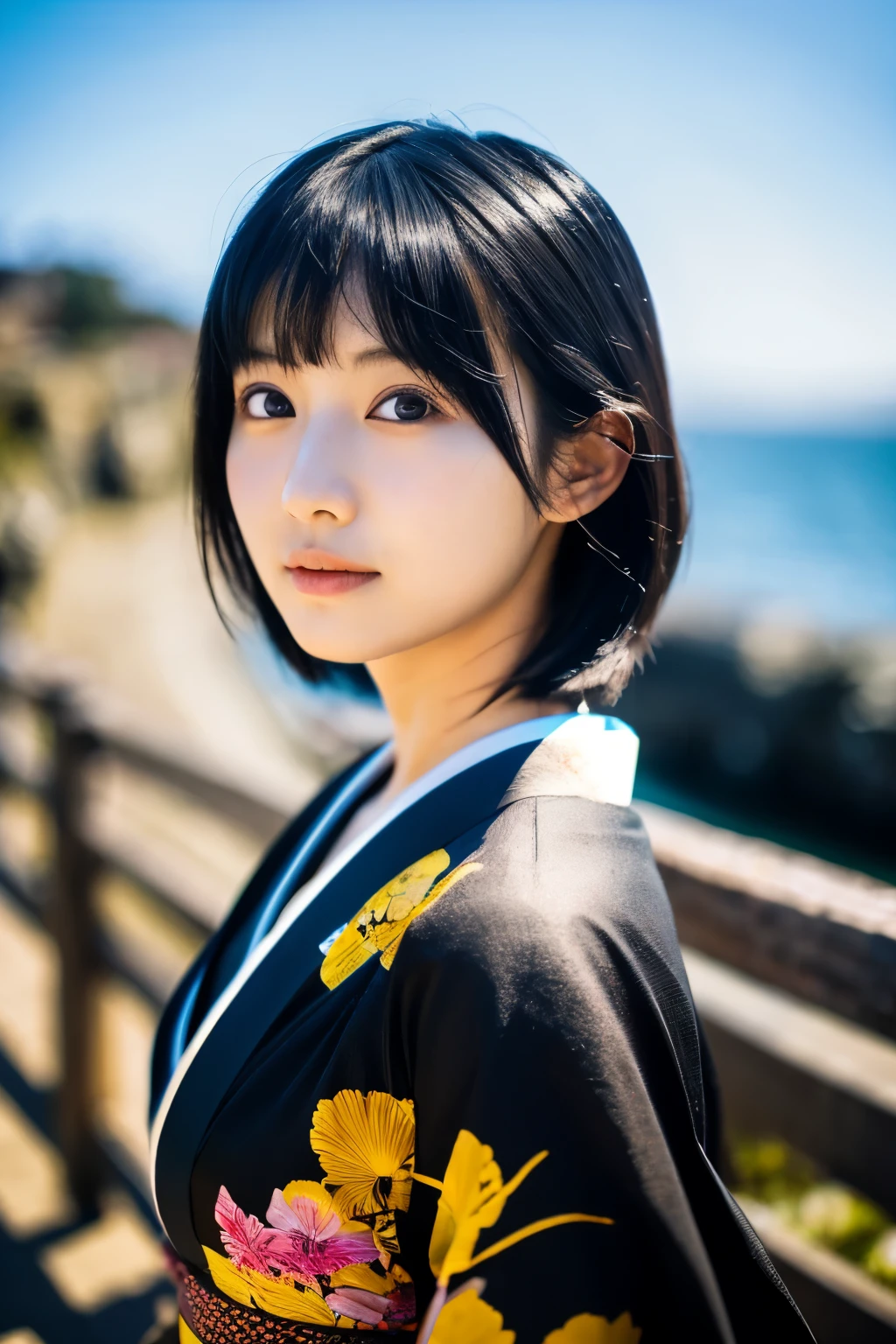 20-year-old Japanese supermodel girl,black hair,bright kimono,Japanese seaside background,a ray of light,Beautiful facial lighting,Photographed by Yui Aragaki