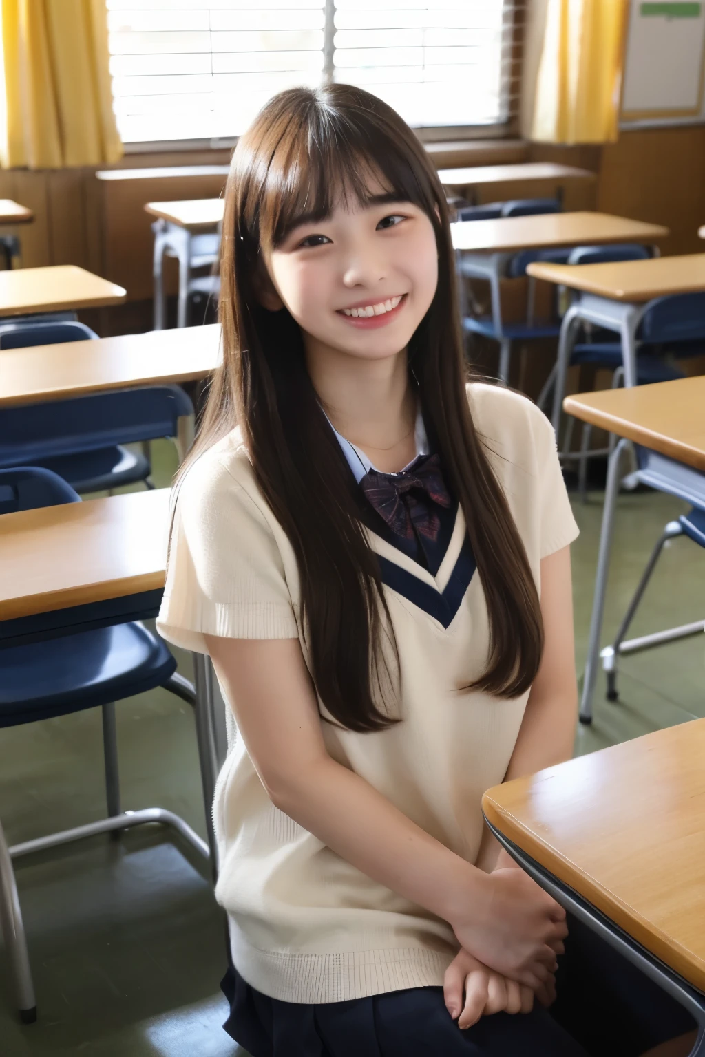 In the classroom、many high school girls、High school girls standing、A few high school girls were laughing out loud.、The camera position where he is clapping his hands and smiling is、front、High school girls in a slightly lower position、surrounding the camera、High school girls standing looking at me High school girls standing side by side
