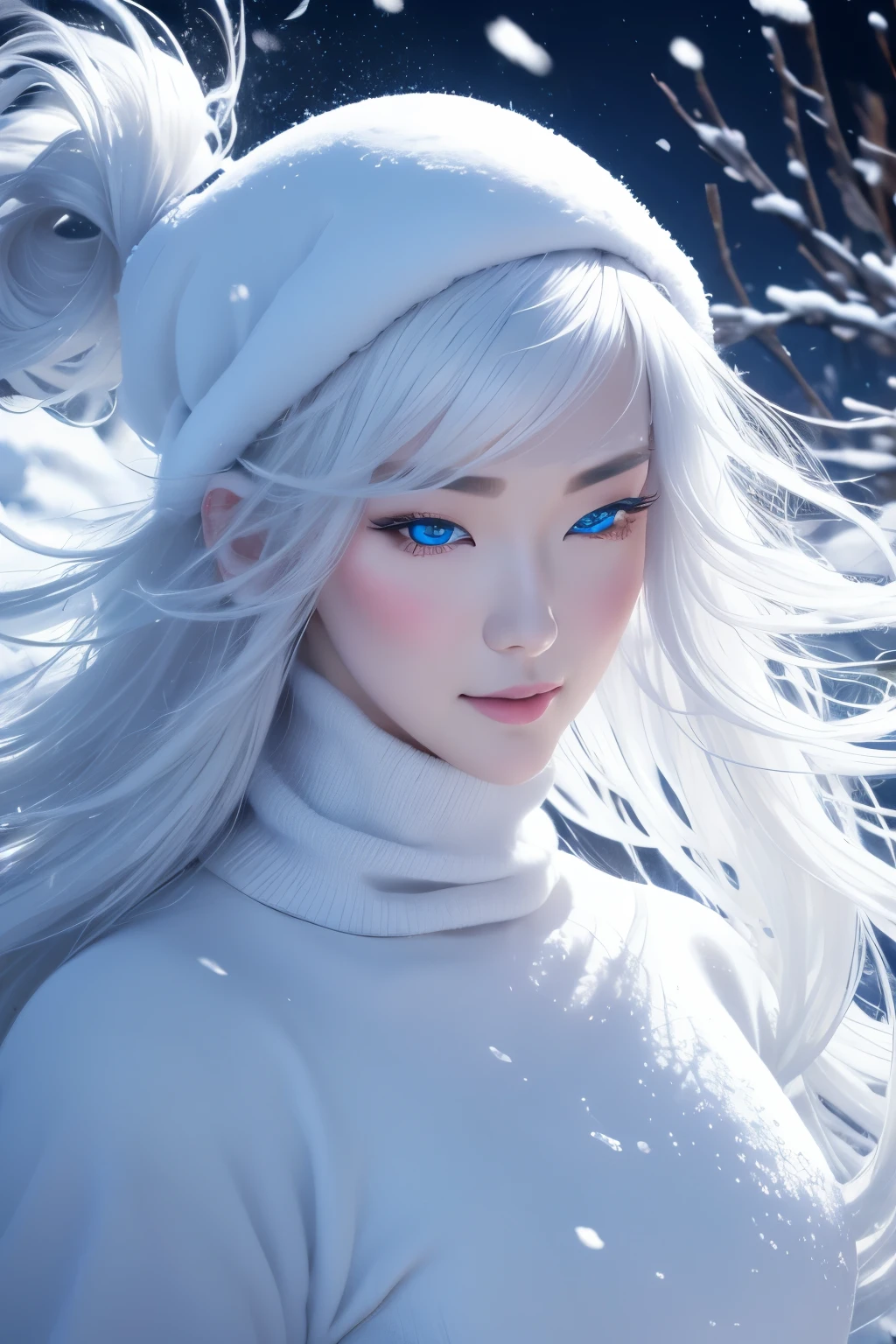 best quality, 32k, RAW photo, incredibly absurdres, extremely detailed, delicate texture, white basic tone, beautiful snow woman, snow scene