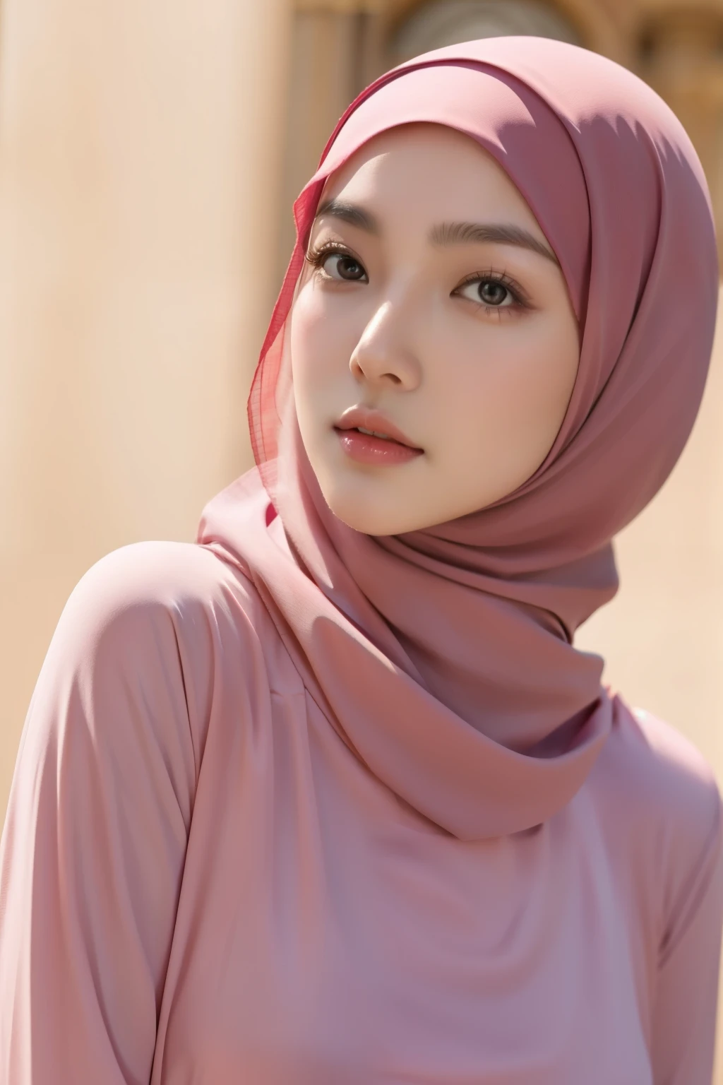 (masterpiece),(very detailed),a half body of a asian woman wearing a hijab and a black and pink shirt, beautiful aesthetic face, her skin is light brown, mosque background, girl cute-fine-face, attractive female face!!!, with accurate face, attractive beautiful face, beautiful delicate face, very pretty face, with cute - fine - face, hijab, attractive girl, cute - fine - face, cute-fine-face