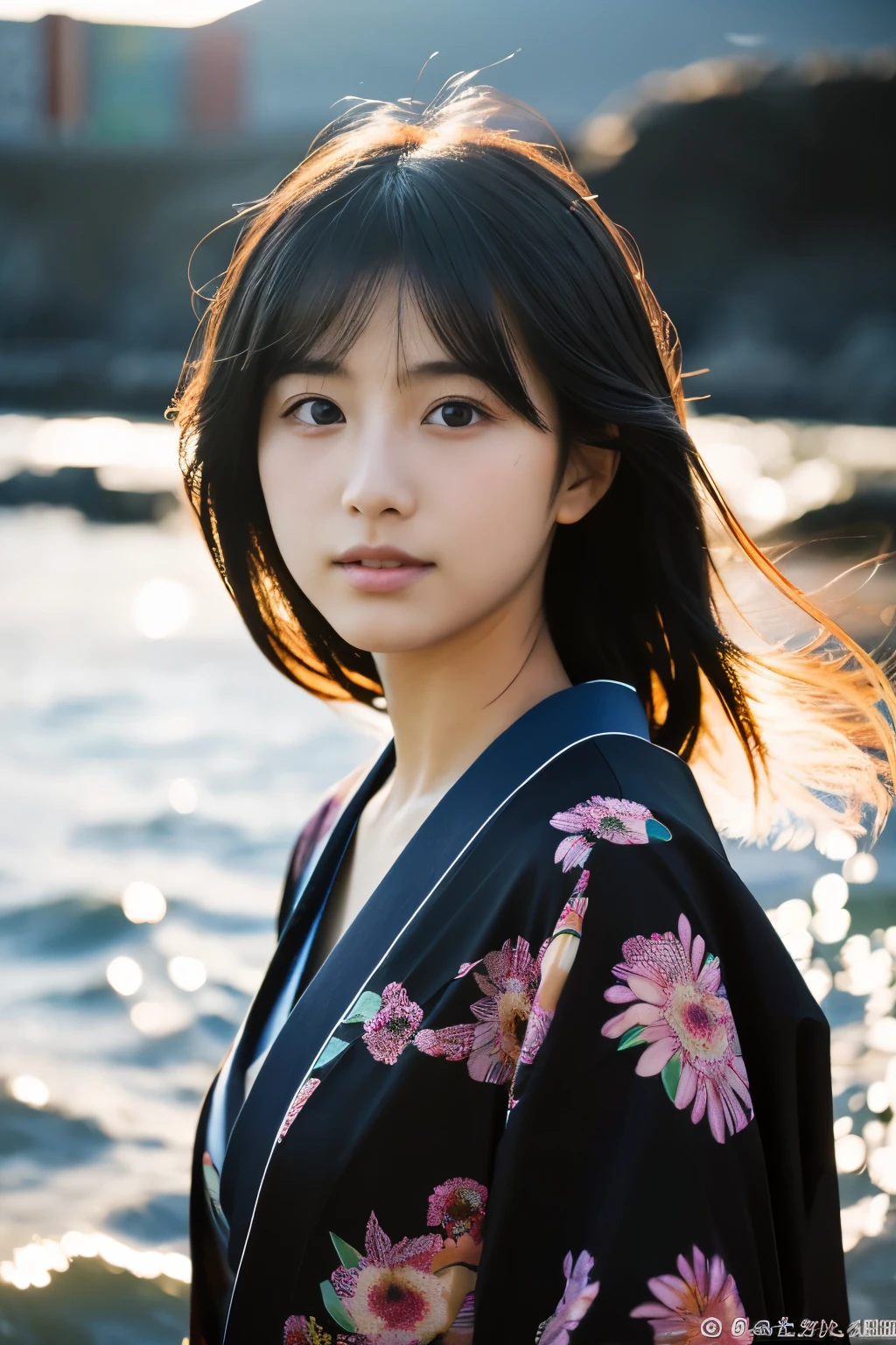 20-year-old Japanese supermodel girl，black hair，bright kimono，Japanese seaside background，a ray of light，Beautiful facial lighting，Photographed by Yui Aragaki