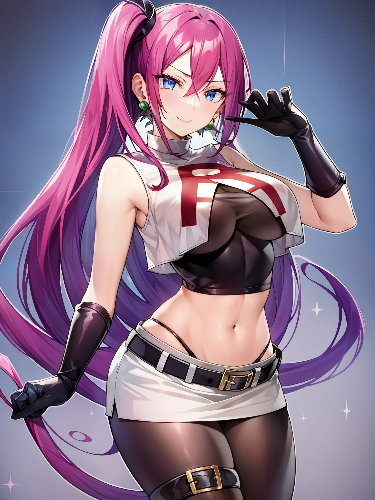 
pokémo、big tits milf、big tits milf、big tits milf、Musashi、Red hair、arrogant and very selfish、Jessie Pokemon、solo、Team Rocket、gloves、all back、long hair、gem、skirt、belly button、thigh high socks、earrings、肘gloves、Team Rocketの制服、crop top、blue eyes、abdomen、white background、belt、黒いgloves、very long hair、simple background、smile、black stockings、purple hair、look at viewer、chest、白いskirt、ミニskirt