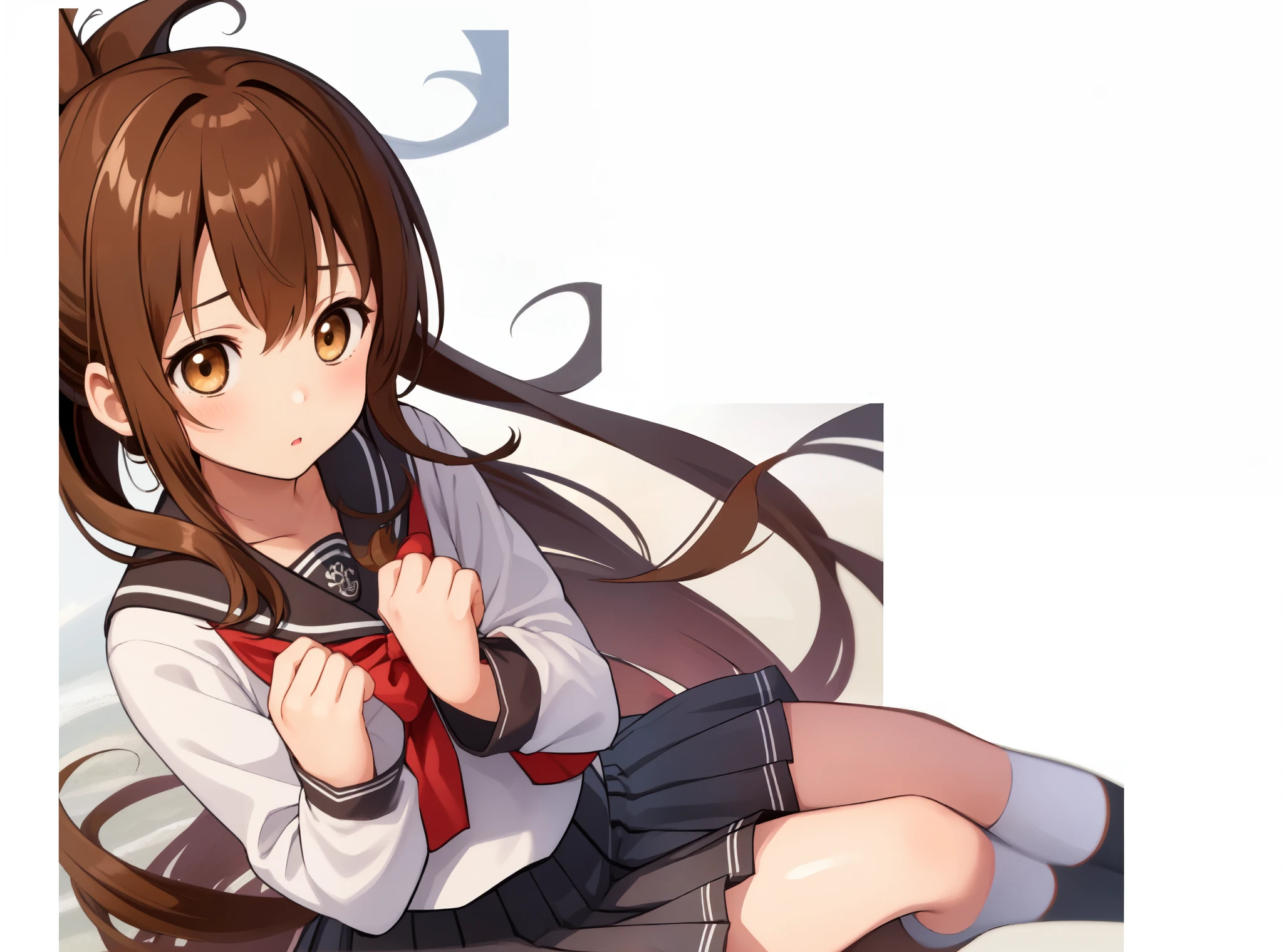 masterpiece, best quality:1.2),illustration,8k,hd,1girl,solo,upper body,(portrait:1.2),brown_hair,folded_ponytail,brown_eyes,serafuku,long_hair,school_uniform,skirt,pleated_skirt,