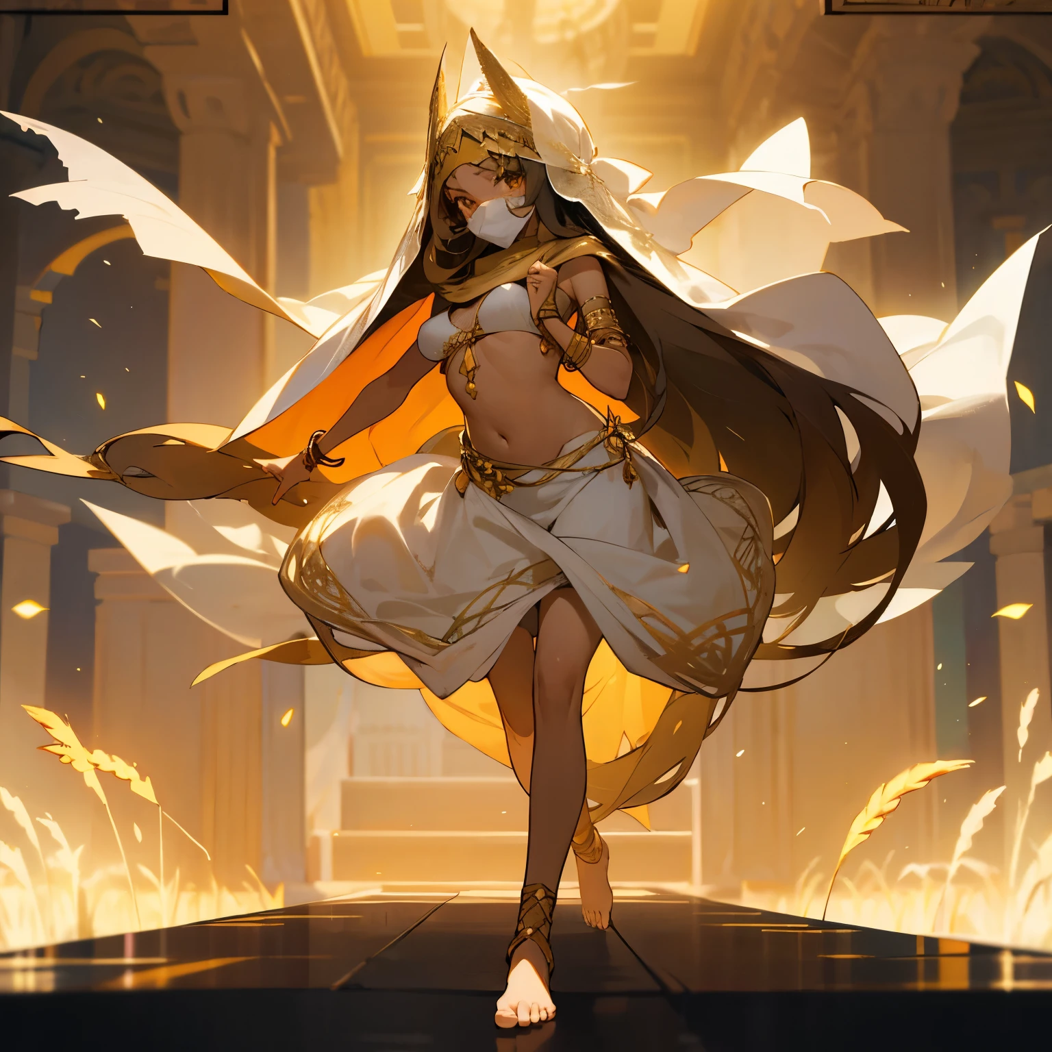 、harem、Young girl dancing wearing a white bikini、long black hair、wheat-colored skin、barefoot、anklet、bracelet、palace、lots of western lights、scarf、(face veil:1.4)、veil that covers the face