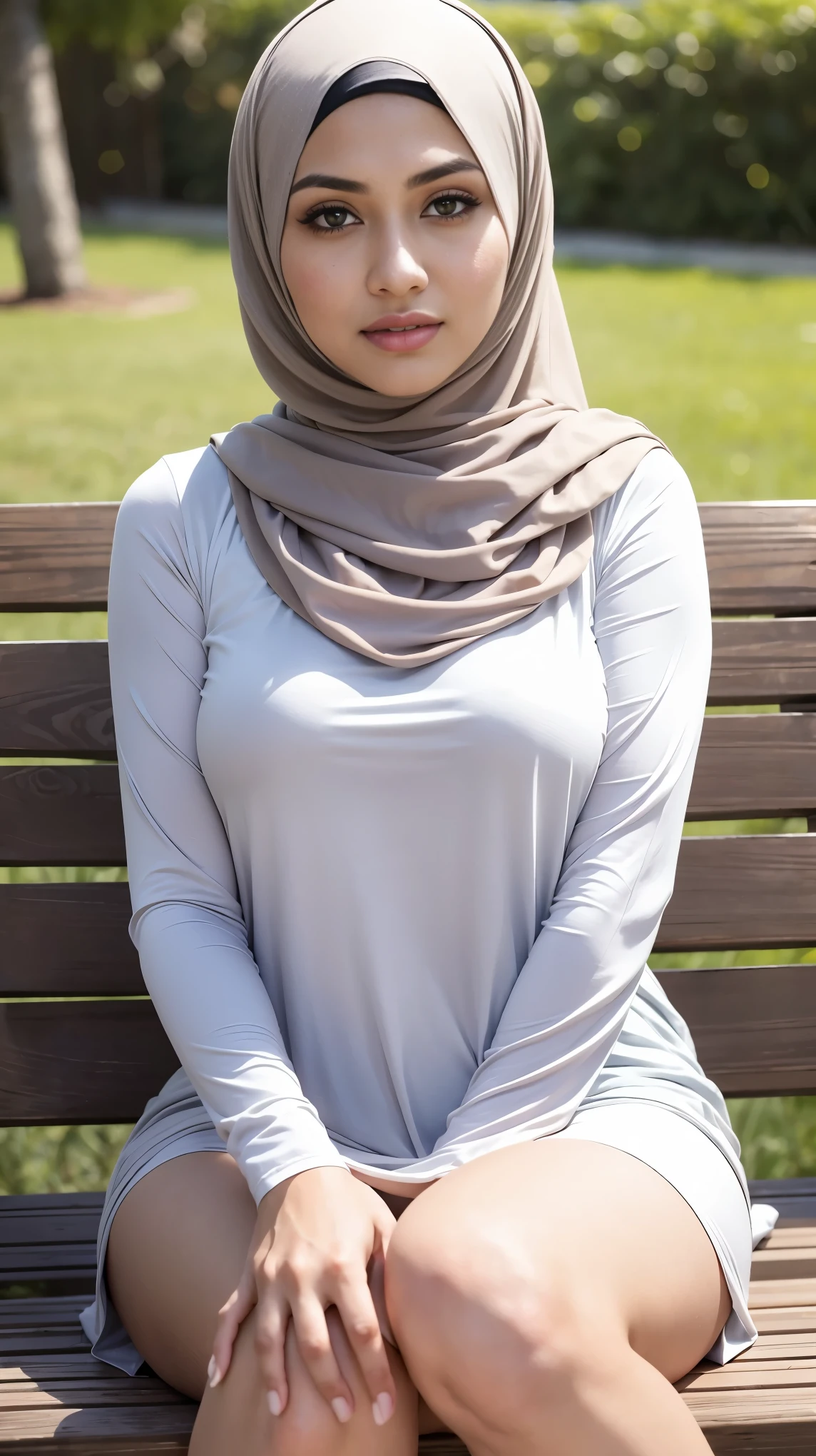 (Close Up),RAW, Best quality, high resolution, masterpiece: 1.3), beautiful Malay woman in hijab,Masterpiece, perfect fit body, big breast, big gorgeous eyes, Soft smile,beautiful face,thick thighs, close up of a woman sitting on a bench wearing a hijab, gray shirt, wearing tight shirt, mia khalifa, hijab, wearing in shirt, wearing a cute top, beautiful female, white hijab, wearing casual clothing, wearing tight simple clothes, close up half body shot, tight shirt, close body shot, attractive girl, gorgeous woman, simple dress, beautiful upper body  , very attractive and beautiful, Excellent lighting, Bright colors, Clean lines