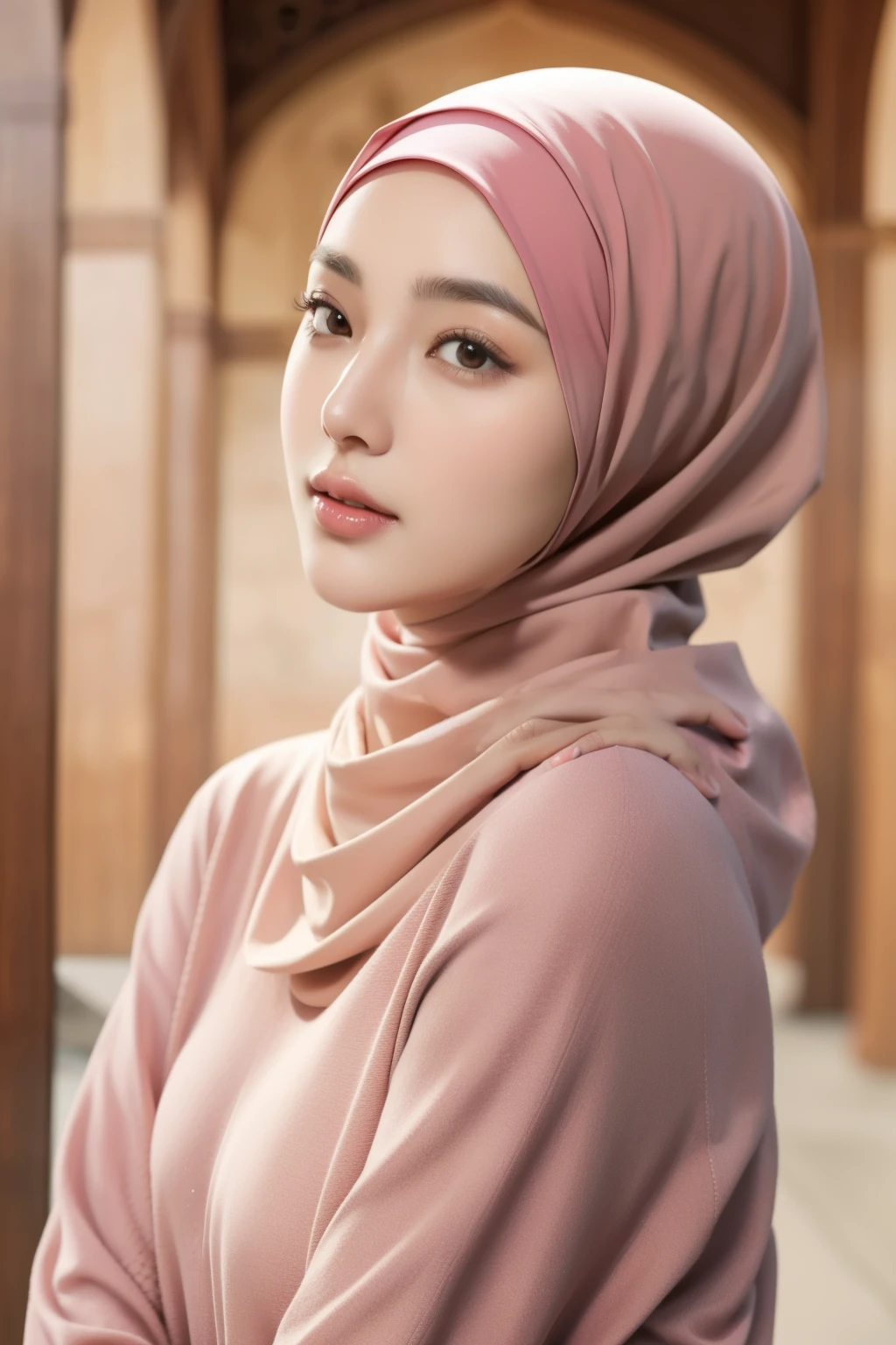 (masterpiece),(very detailed),a half body of a asian woman wearing a hijab and a black and pink shirt, beautiful aesthetic face, her skin is light brown, mosque background, girl cute-fine-face, attractive female face!!!, with accurate face, attractive beautiful face, beautiful delicate face, very pretty face, with cute - fine - face, hijab, attractive girl, cute - fine - face, cute-fine-face