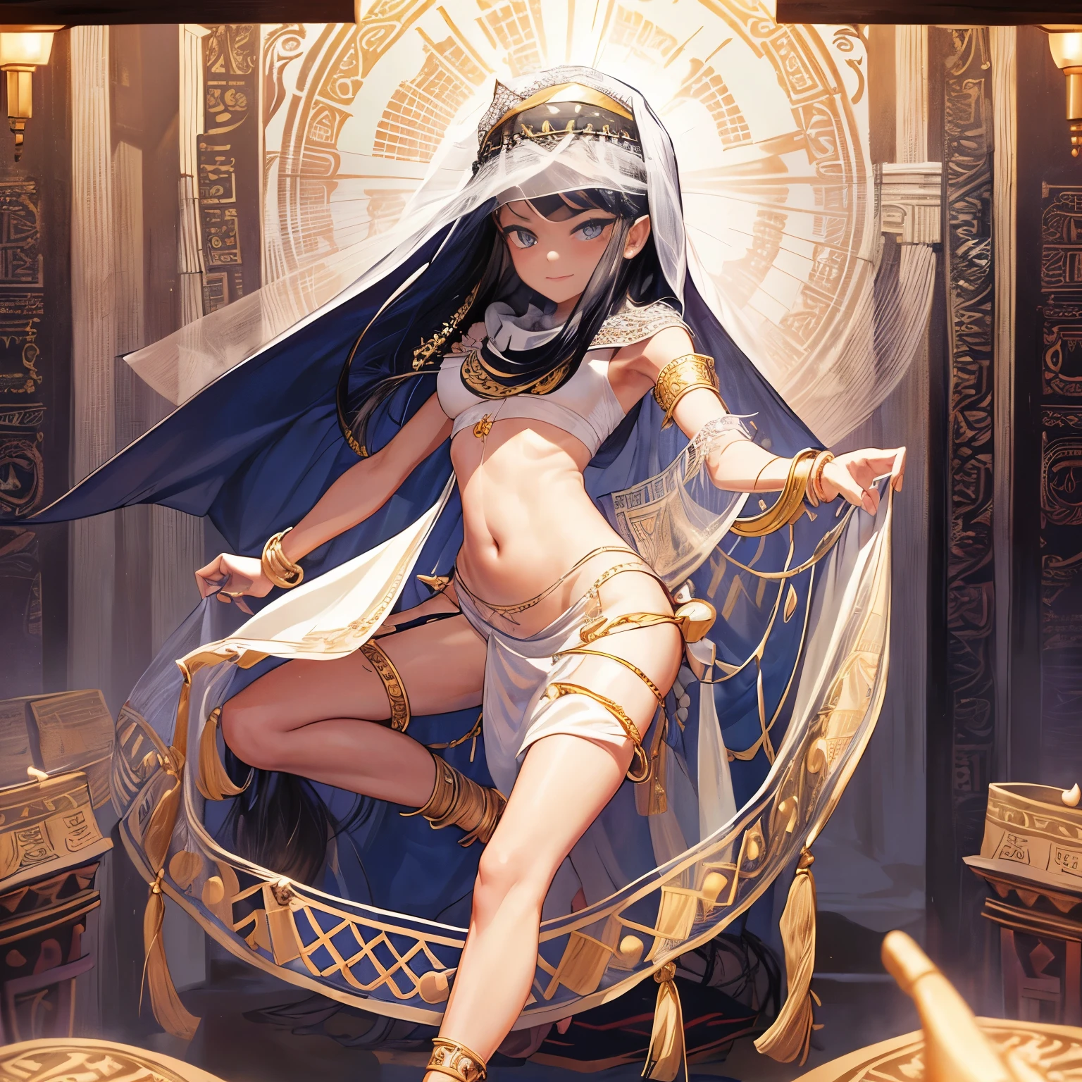 Young girl dancing wearing a white bikini、long black hair、wheat-colored skin、barefoot、anklet、bracelet、palace、lots of western lights、scarf、gypsy、Roma、(fortune teller:1.4)、(thin cloth face veil:1.6)