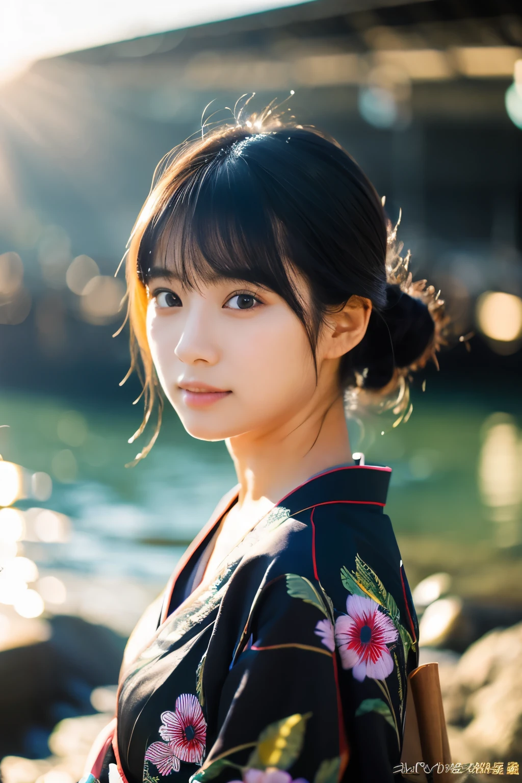 20-year-old Japanese supermodel girl，black hair，bright kimono，Japanese seaside background，a ray of light，Beautiful facial lighting，Photographed by Yui Aragaki，6 o&#39;clock