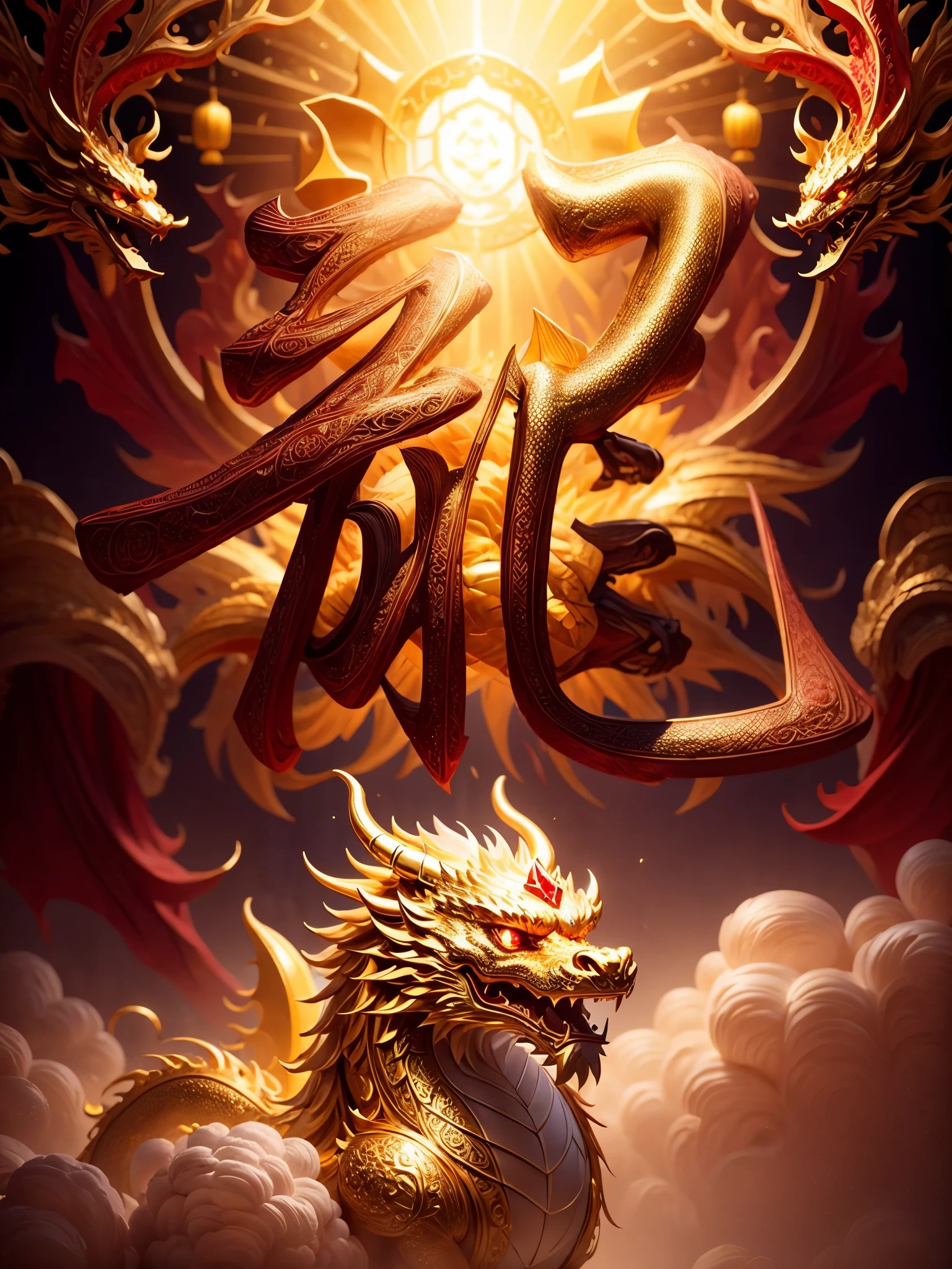 red background, (A pure golden Chinese dragon occupies one corner of the frame), Decoration full of Chinese New Year elements,scattered gems,Feeling of light and shadow,3d rendering,actual,