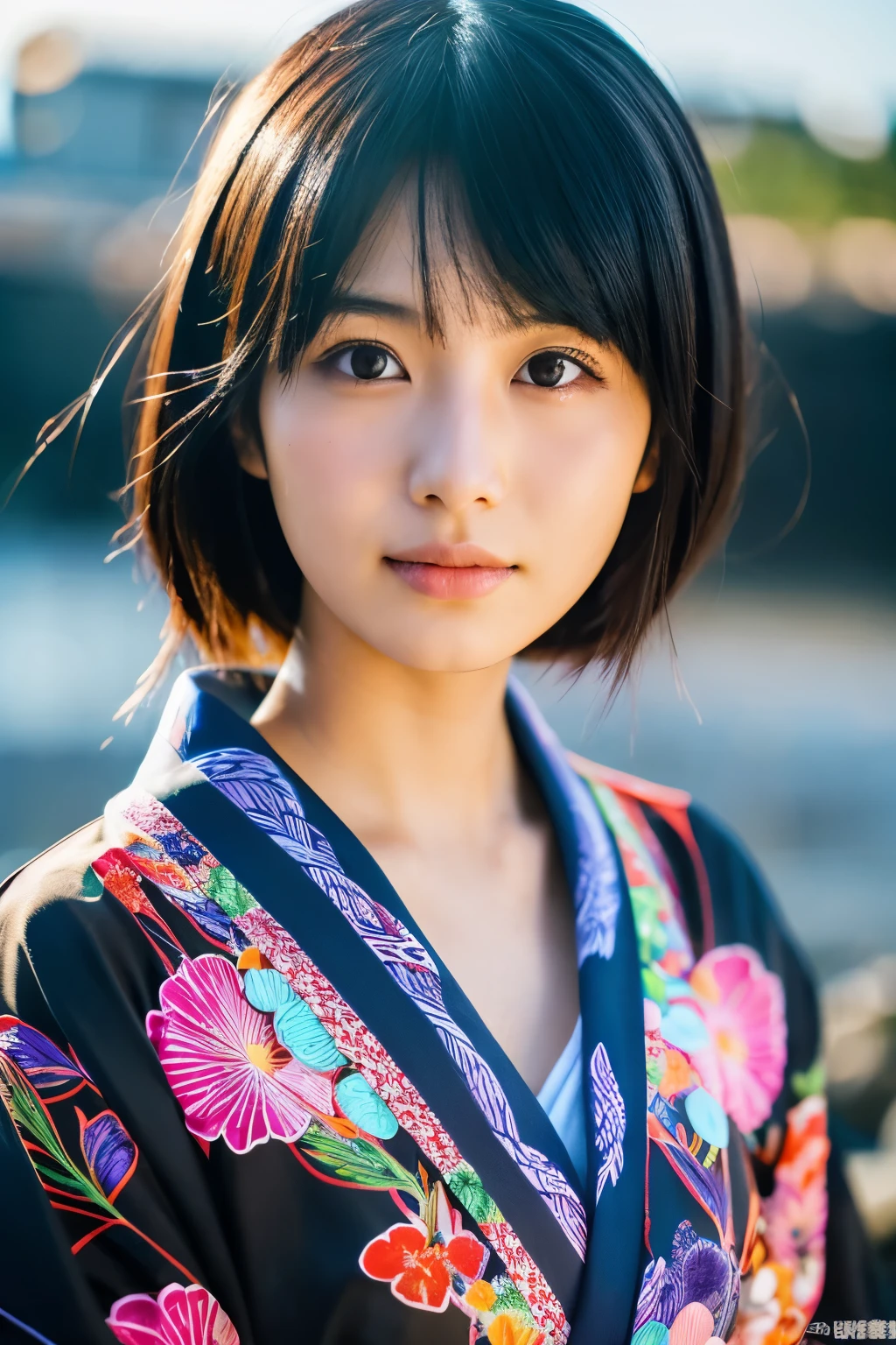 20-year-old Japanese supermodel girl,black hair,bright kimono,Japanese seaside background,a ray of light,Beautiful facial lighting,Photographed by Yui Aragaki,6 o'clock