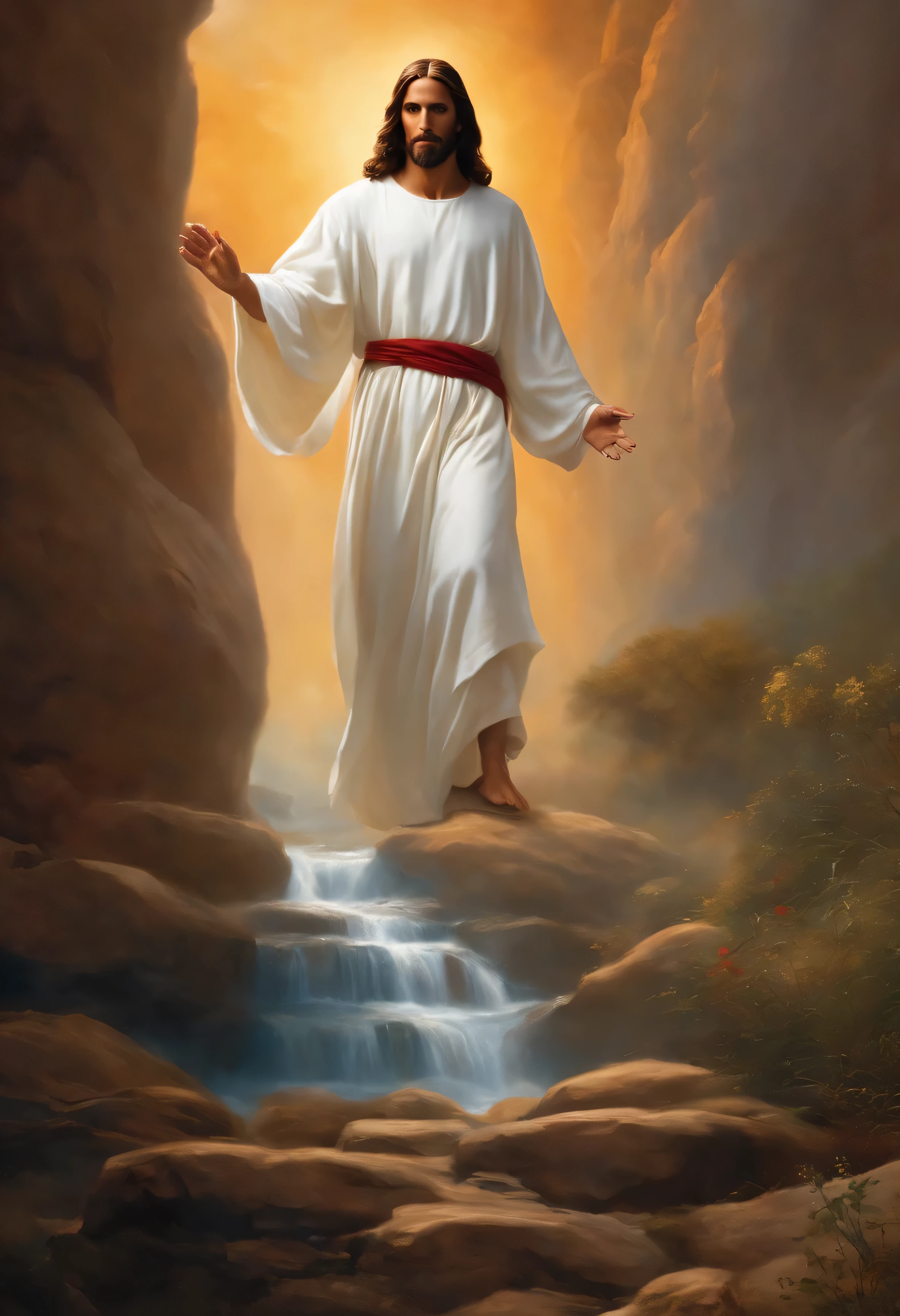 jesus christ in white tunic, azul e vermelha em uma montanha durante o dia