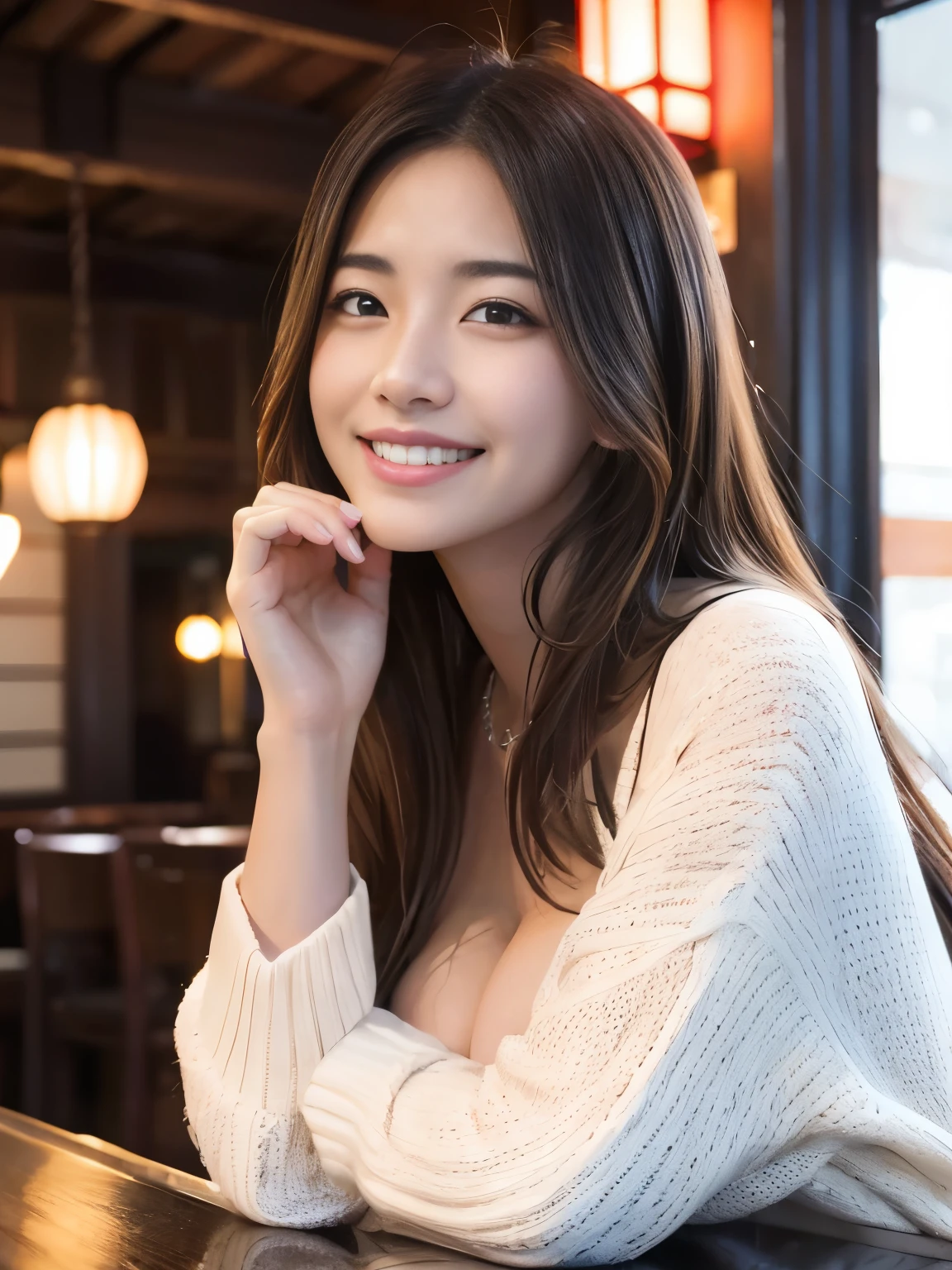 masterpiece、Japanese gravure idol、Red lantern、Yakitori restaurant、She sits across from the table、A woman with long brown hair is drinking a cocktail across the table.、20-year-old、smaller hands、big breasts、beautiful feet、I can see the cleavage、There is a gap、Wearing oversized knitwear and leggings、A happy smile、laughing out loud、I can see white teeth、Delicate skin feel、shiny hair、8K