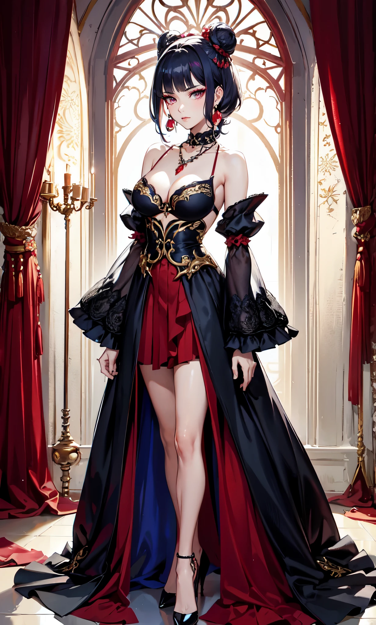 palace background,Red curtain,(Dark blue color curly short hair:2.0),british palace bun,Standing close-up,dream world,Royal sister,(Elongated danphoenix eyes,eye shadow,long eyelashes),Elongated danphoenix eyes,eye shadow,Contact lenses,Jade necklace,(Off the shouldersBaroque skirt,Off the shoulders,Widen hem,Shredded flower cloth:2.0),(big breast)ballroom background,(Soft light and shadow:1.9),Intricate body jewelry,High heeled dancing shoes,Detailedly drawn backgrounds