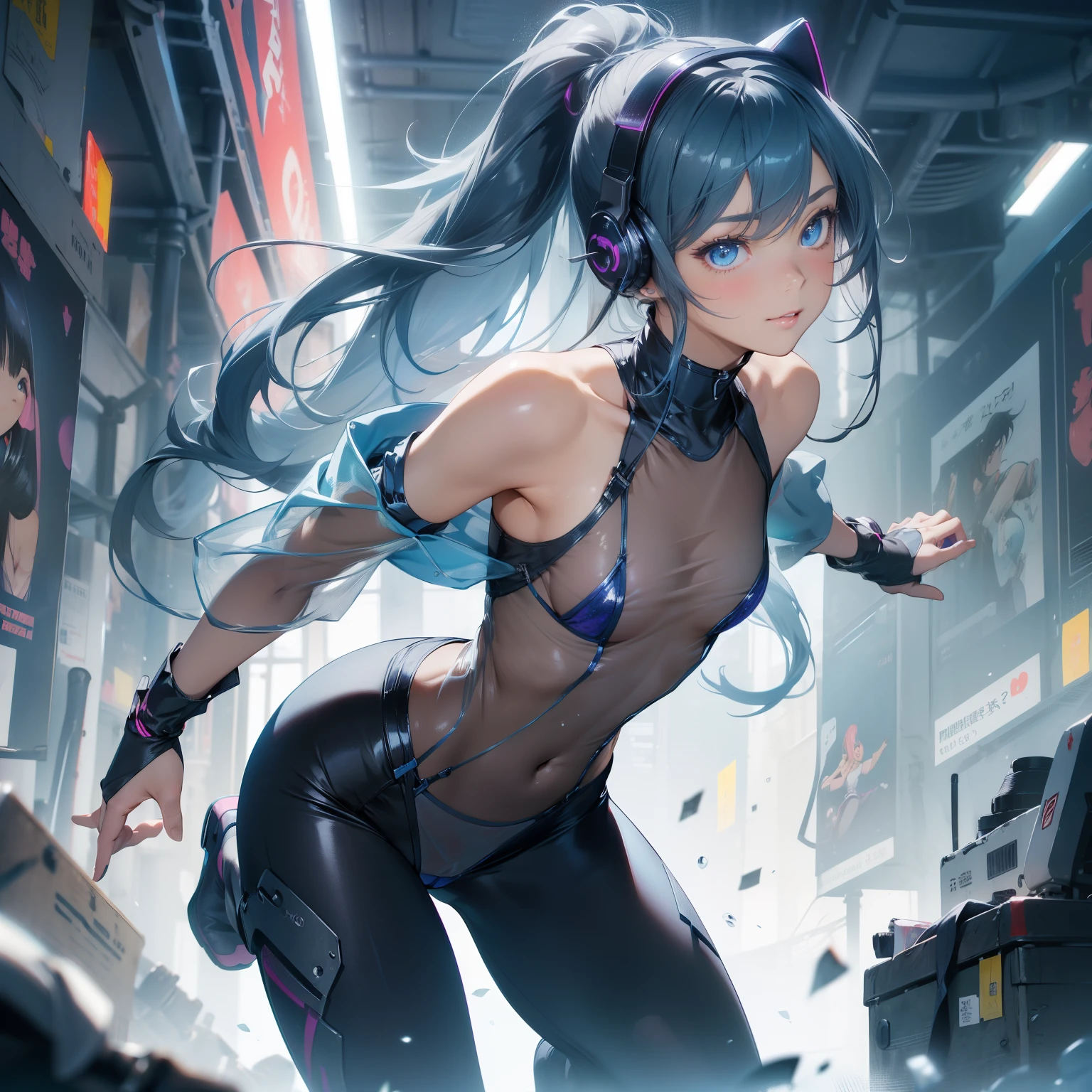(quality)), ((masterpiece)), Recommended results、Puffy nipples、(see through:1.5)、straighten your back、abdominal muscles、huge bust、angle to floor:1.2、low camera angle、Hair loss on crotch,Hatsune Miku,(masterpiece、top quality、highest resolution、clearly_image、detailed details,(full body picture、an 18 year old girl、japanese face、a small face、Knotted high ponytail、(hidden little:1.3)、dark blue hair girl、sparkling blue eyes、tight clothes、Clothes that cover the whole body、glossy clothes、leggings、Clothes that hide skin、extremely delicate and beautiful、detailed skin、slim、Exoskeleton、Lovely、gentle smile、Soft look、heroine、headphones on head、boots、Gloves come to elbow length、Shoot at eye level、face straight ahead、