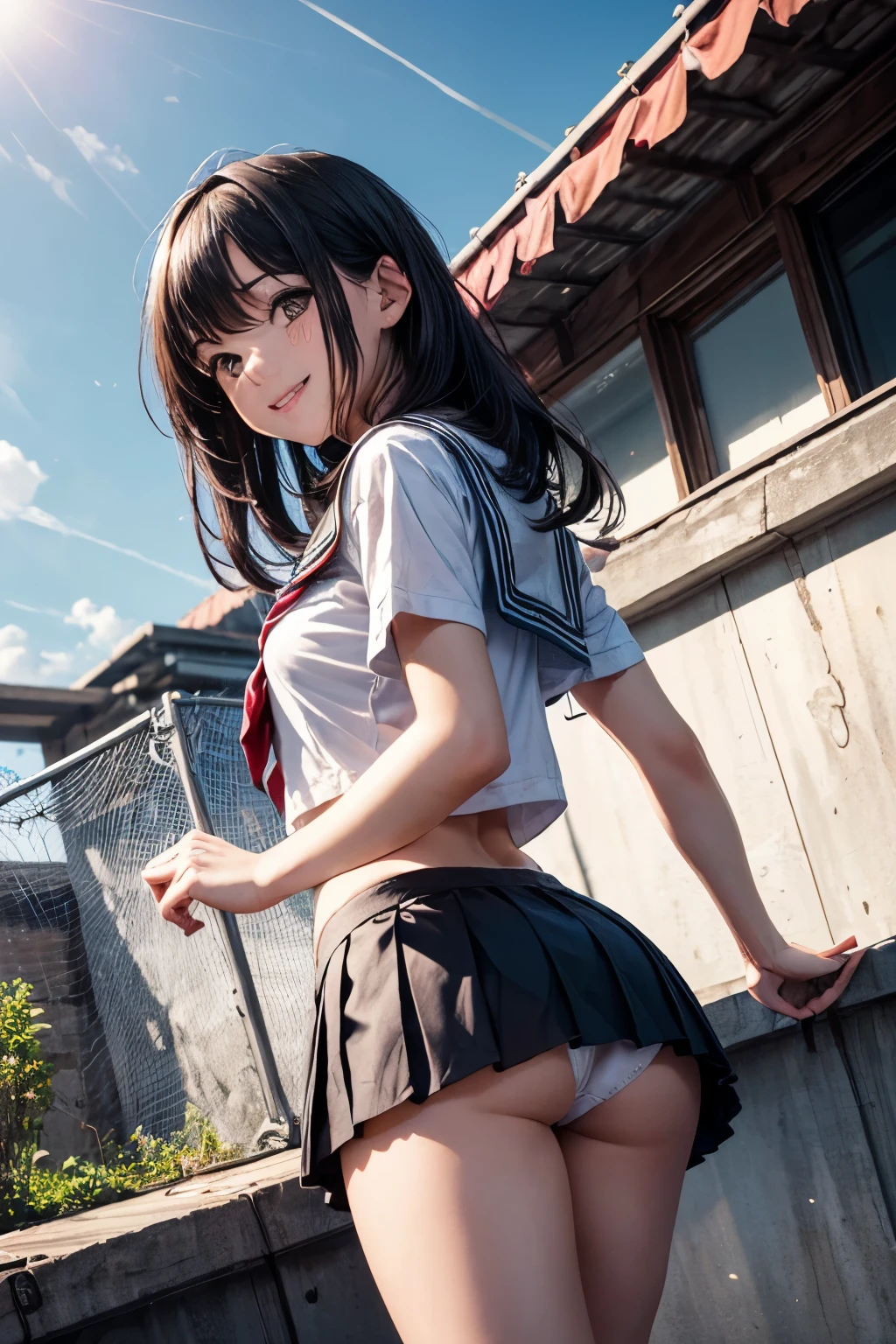 very cute and beautiful girl,(highly detailed beautiful face),
(smile:1.2),blush,black hair,standing,serafuku,pleated navy blue mini skirt,from below,white panties,
summer,school rooftop,building,chain-link fence,
(best quality,masterpiece:1.2),absurdres,highres,ultra-detailed,extremely detailed,32k,8k resolution,
intricate details,cinematic scene,detailed background,solo,dynamic angle,