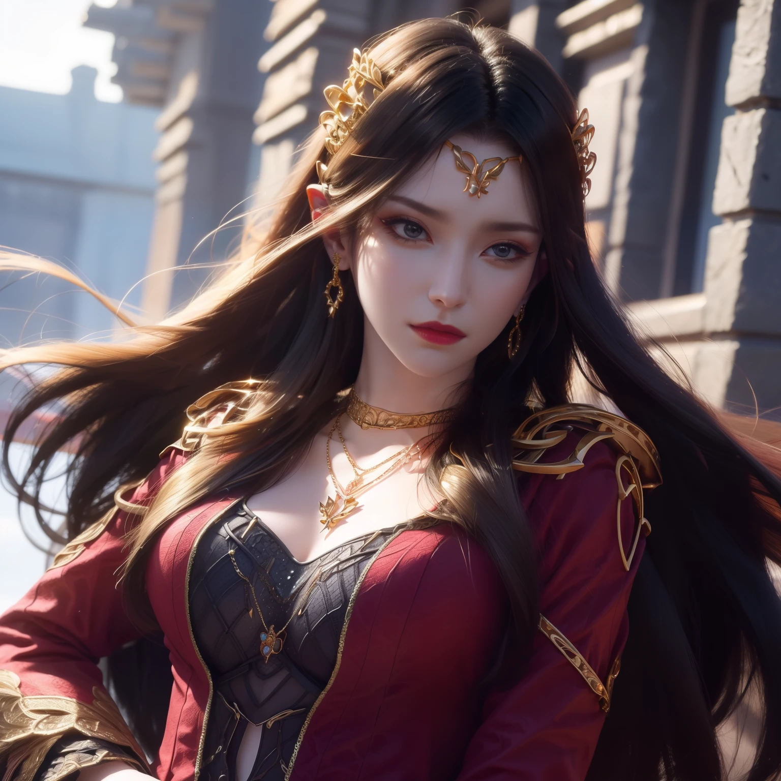 1 girl,jewelry,long hair, hair accessories, necklace, skirt, forehead gem, Pants, adult,close up,, cold face, Upper body, Photorealistic,