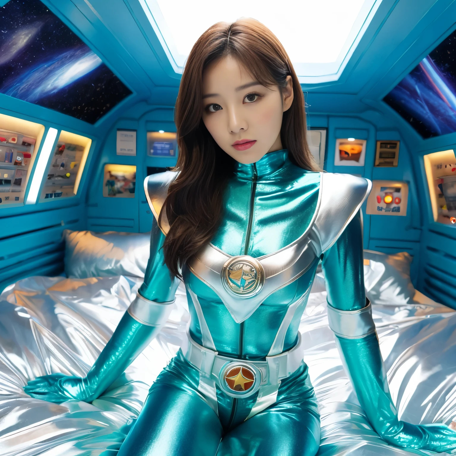 best image quality、Super high resolution、(realism:1.4)、Korean beauty star、The most beautiful KPOP star、face、Horny Korean makeup、erotic expression、A body that makes you want to touch it、Erotic photos、Realistic satin fabric texture、Costume made of stretch satin fabric that is smooth to the touch、The drape of the curved part of the satin fabric、Strong luster of costume、costume quality、8K photo quality、Costume made of high-quality satin fabric with high density、Super-class battle leather cloak with a smooth texture、Super Sentai Women's Heroine Suit、Super-class battleship shiny costumes、Texture of costumes that satin fetishists respond to、Thin, glossy stretch satin fabric、