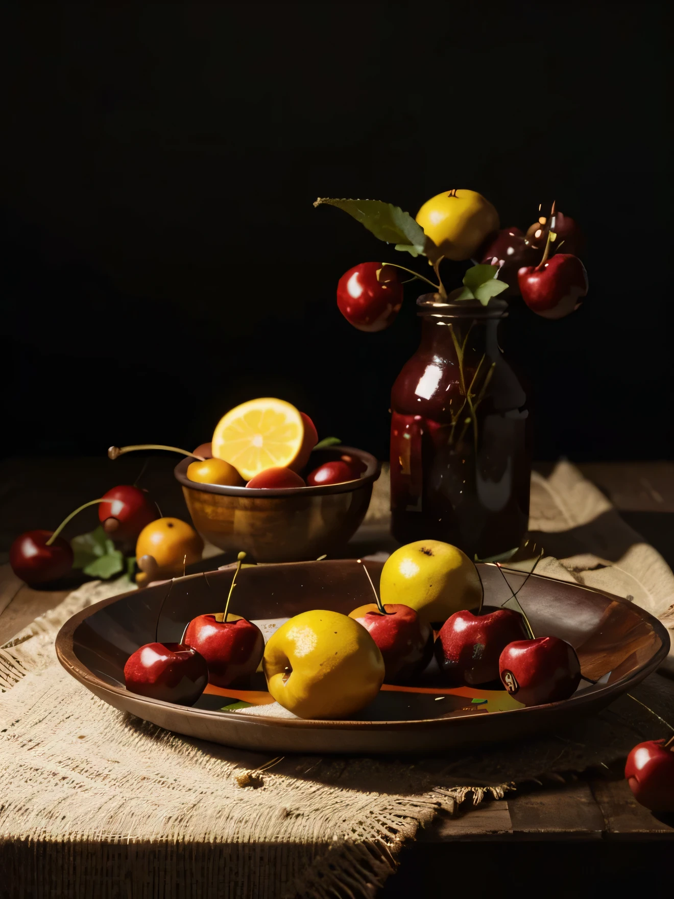 still life of psychedelic red and intense red cherries, sobre fondo negro, con limones color amarillo y color verde intenso, y hojas de limonero, y hojas de cerezo, con muchos detalles.