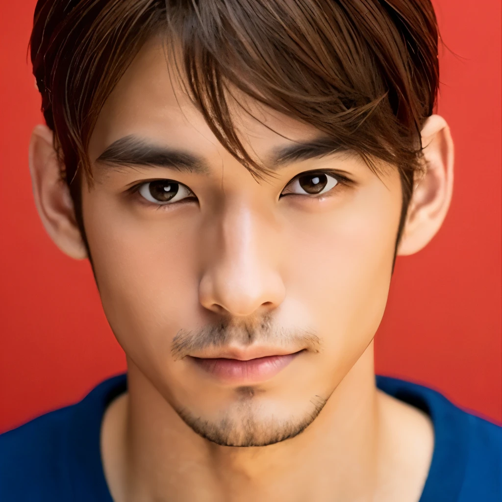 Beautiful Japanese man, double brown hair, tall nose, small eye color, brown