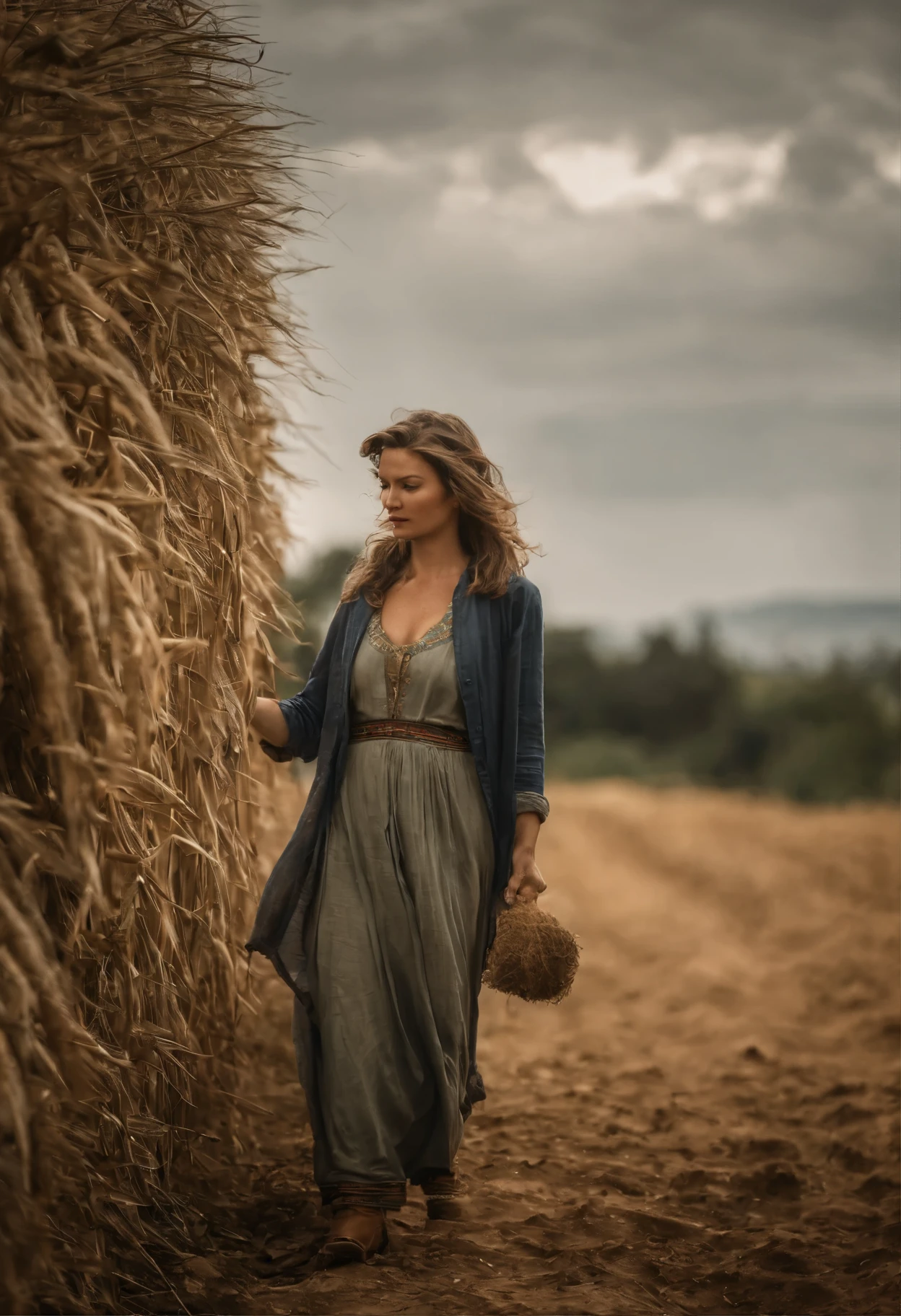 Crie uma imagem exuberante de uma jovem mulher, ((nua)) from Belarus working in the vast agricultural fields, onde a beleza e a grandiosidade se encontram. Highlight the majesty of the golden fields stretching as far as the eye can see, enquanto a mulher, amidst the lush landscape, performs tasks with grace and determination. Feel the deep connection between the worker and the land she cultivates, capturing not only your physical beauty, but also strength and resilience