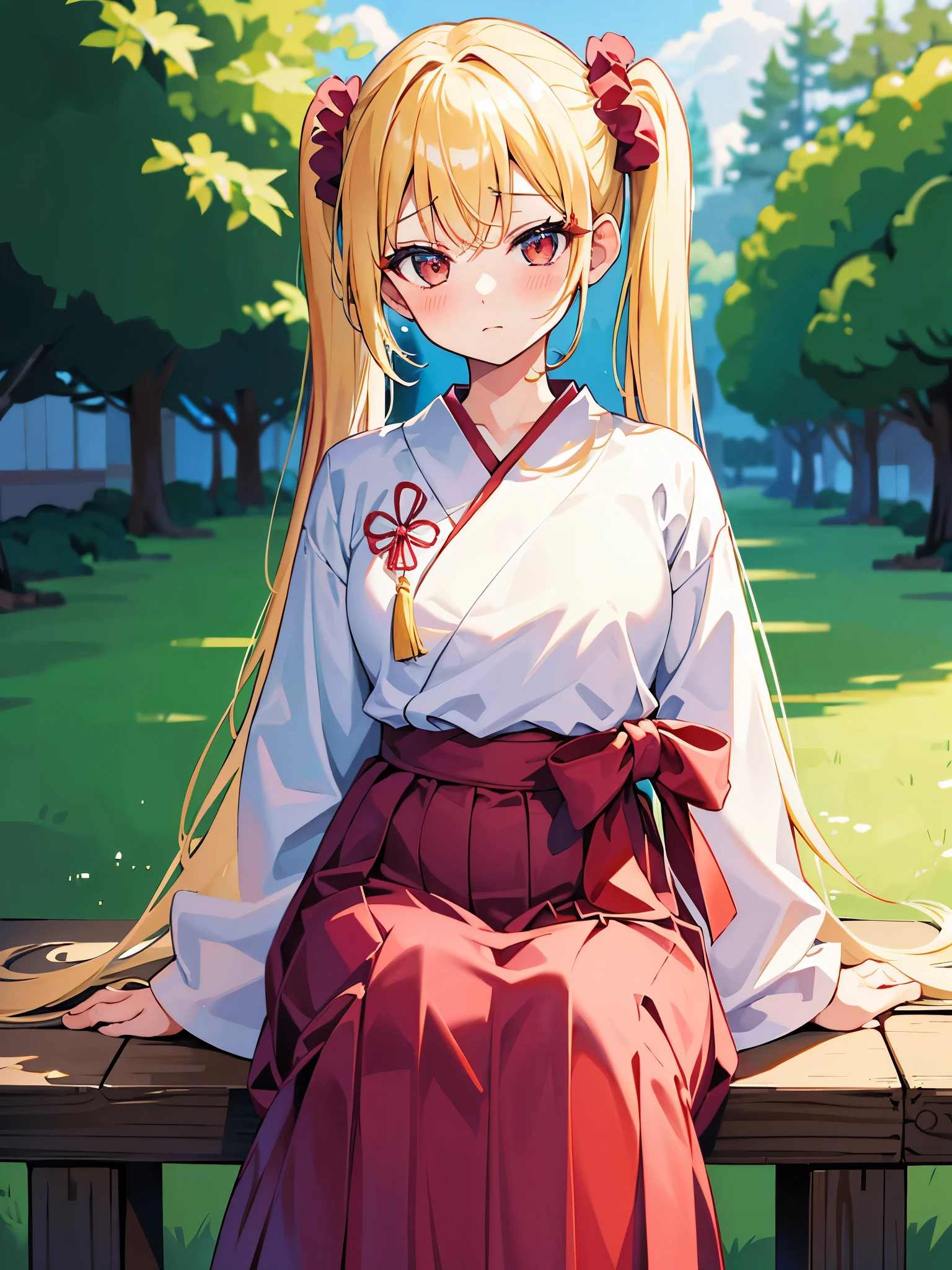 masterpiece, best quality,pregnant high school(1girl,solo)、tsurime、
blonde hair,twintails hairstyle、Scrunchie decoration on hair、Confident face、
red hakama, white japanese clothes、
shine maiden outfit、dappled sunlight、
シースルーの羽織、神の恋人、奇跡、