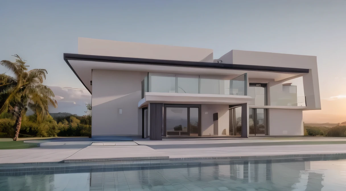 Exterior of villa , modern luxury , morning , sun rise , beautiful sky , beautiful landscape, few cloud, RAW photo, 8k uhd, dslr, high quality, film grain, Fujifilm XT3