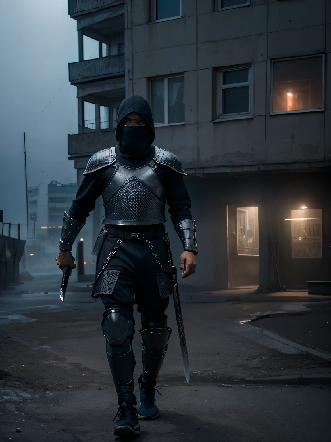 sneaking around with a sword at the ready, black man wearing Adidas sportswear, armor iron, big blue eyes, chainmail, balaclava,dynamic pose, volumetric light, dramatic light, foggy, realistic photo, city background, russianebenya, photorealism, fullbody