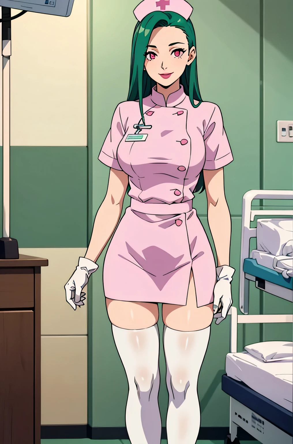 1 female, alone, nurse, nurse cap, Whiteware, ((white legwear, zettai ryouiki)), white gloves, amount, long hair, green hair, pink eyes, pink lips, smile, Are standing, ((hospital room)), sharp outline, short sleeve, mature woman, 35 years old, highest quality, masterpiece