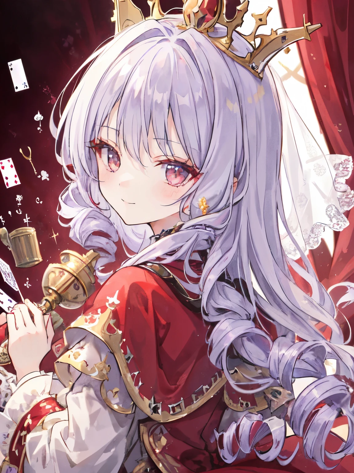 girl,((fluffy light purple hair)),((drill curl long hair)),((all back:1.2)),((A red veil on a crimson crown:1.2)),((noble atmosphere)),nihilistic smile,cute,close up of face,(crown background:1.3),((emperor of red playing cards:1.4)),((luxurious and gorgeous dress:1.2)),((Finely decorated crystal wand:1.3))