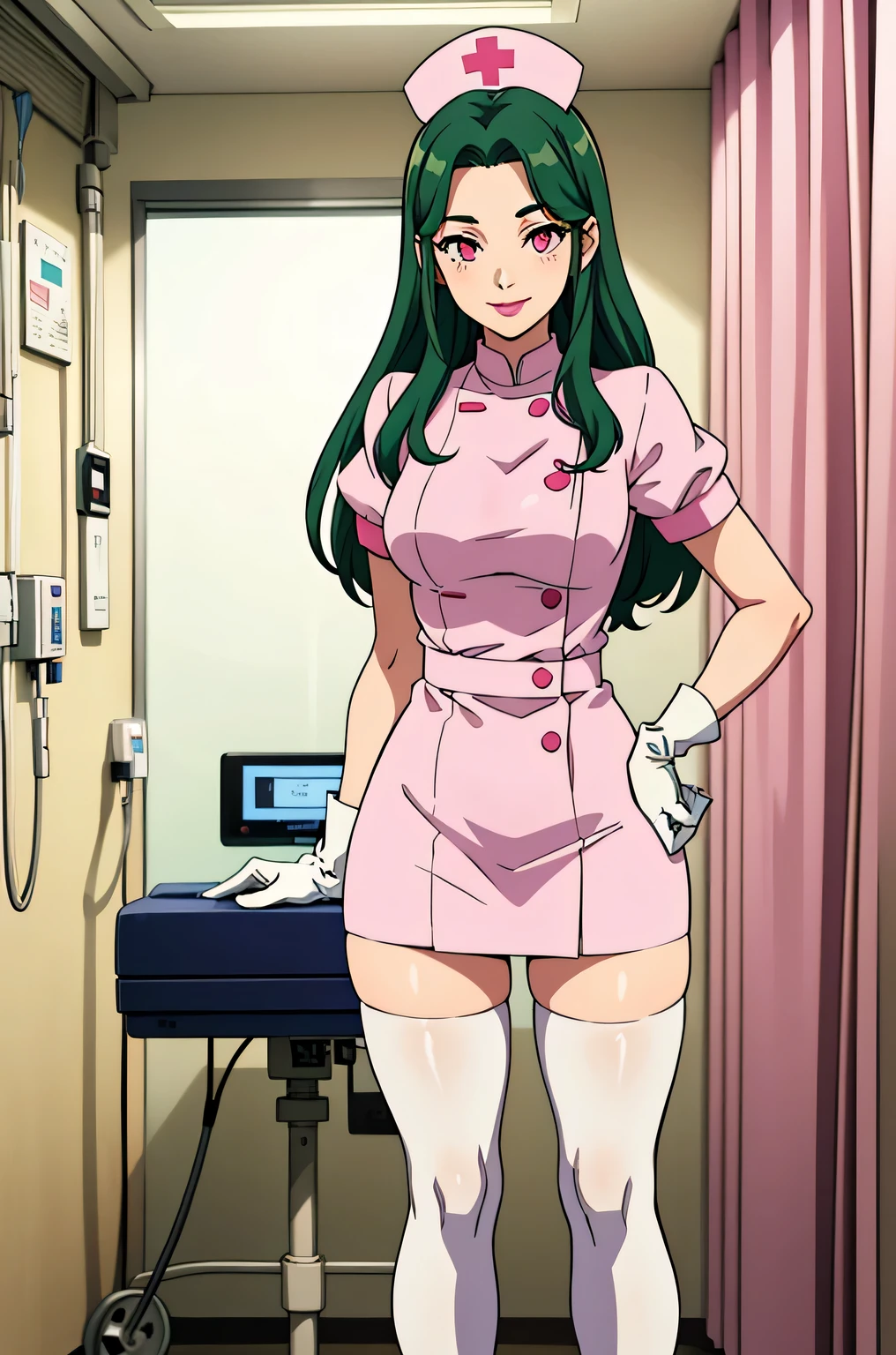 1 female, alone, nurse, nurse cap, Whiteware, ((white legwear, zettai ryouiki)), white gloves, amount, long hair, green hair, pink eyes, pink lips, smile, Are standing, ((hospital room)), sharp outline, short sleeve, mature woman, 35 years old, highest quality, masterpiece