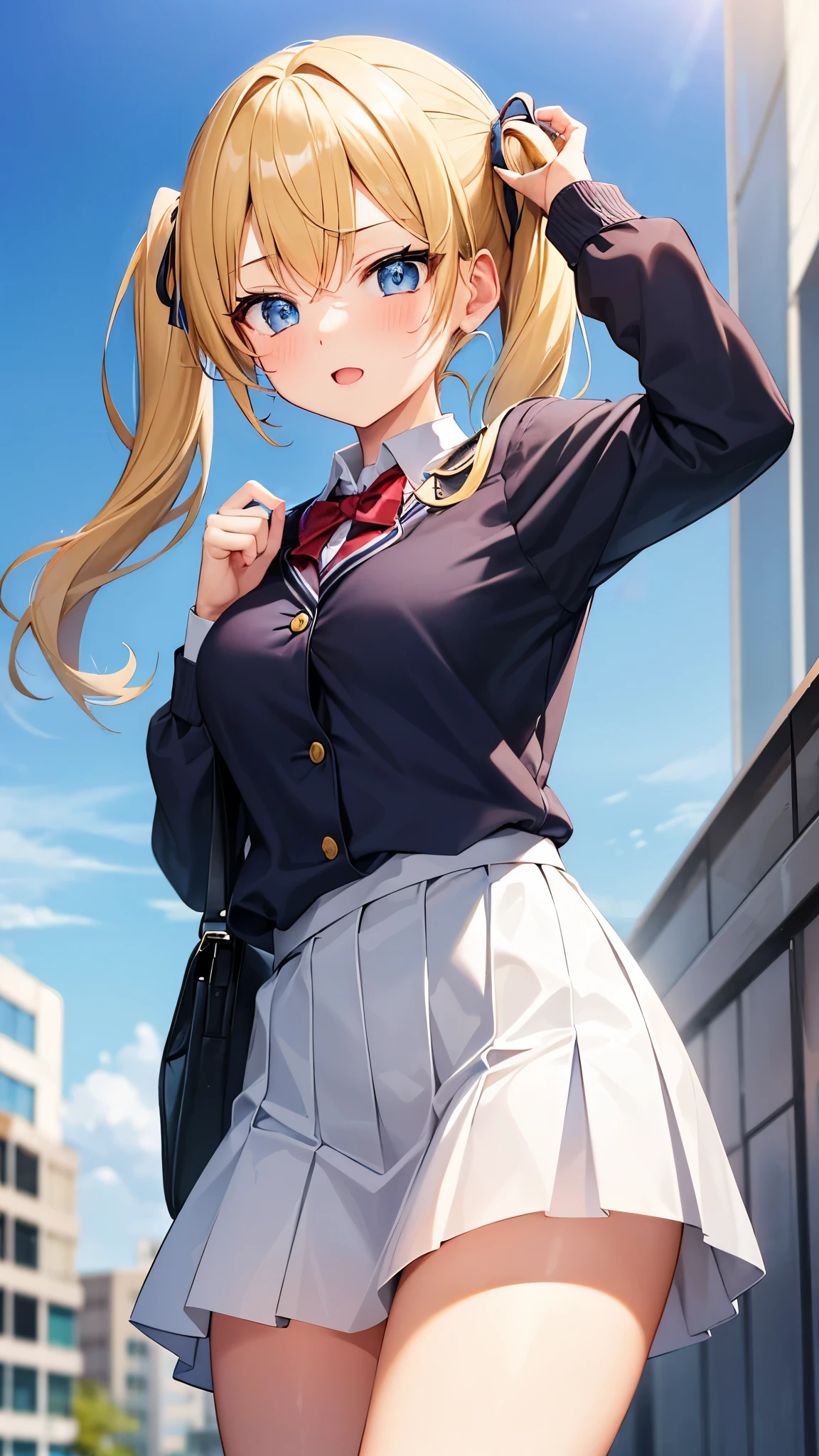 Girl, short twintail hair, blonde hair, blue eyes, cute girl, high school uniform, school girls 