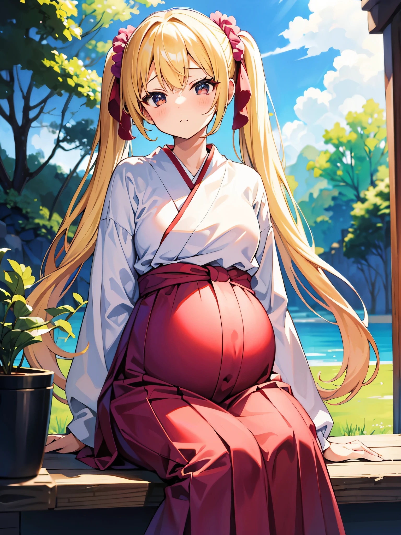 masterpiece, best quality,pregnant high school(1girl,solo)、tsurime、
blonde hair,twintails hairstyle、Scrunchie decoration on hair、Confident face、
red hakama, white japanese clothes、
shine maiden outfit、dappled sunlight、
シースルーの羽織、神の恋人、奇跡、