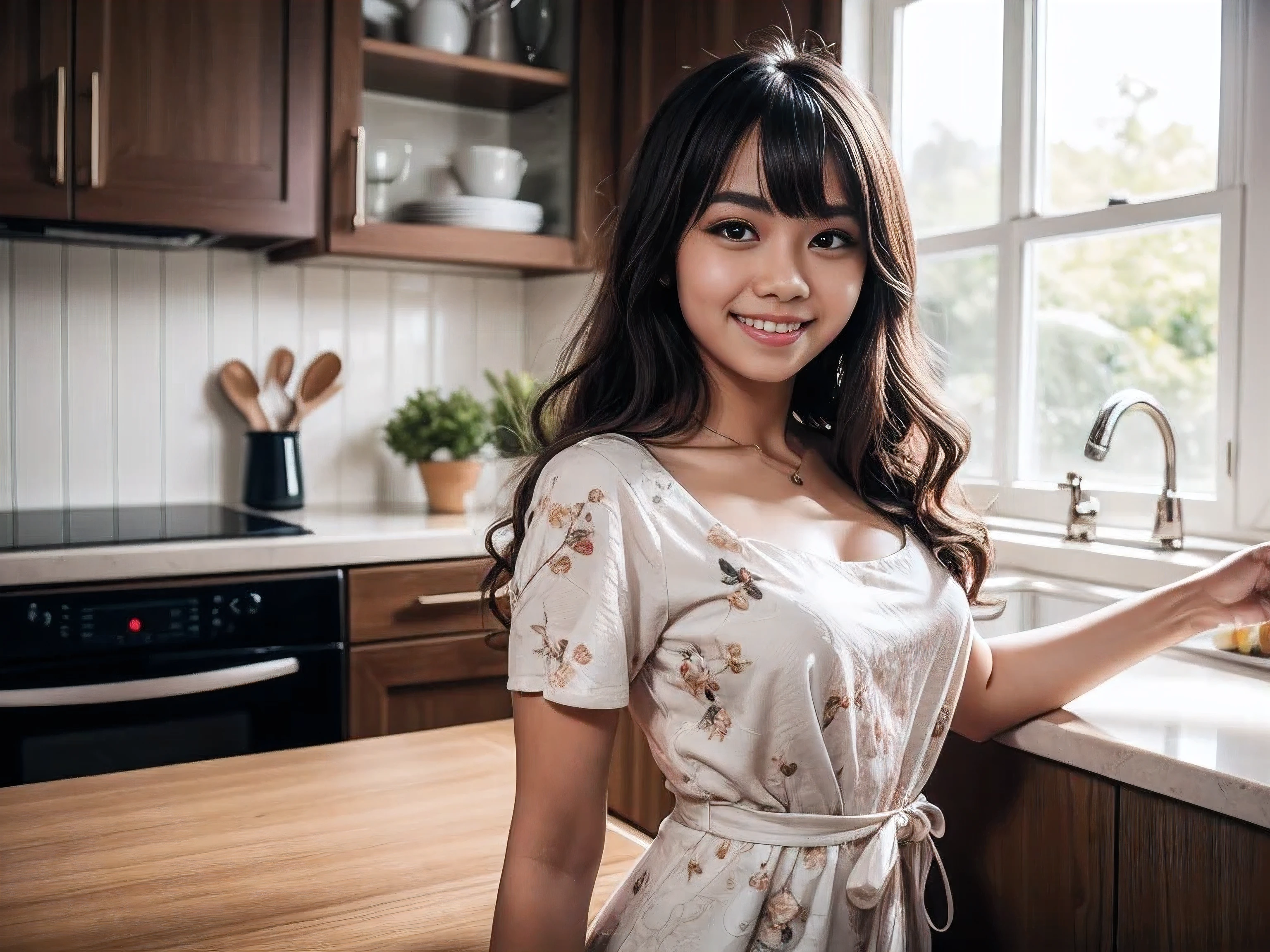 Portrait photography of a beautiful young Malay girl wearing square neck bow front floral jacquard dress, Elegant and graceful movements,bangs and long curly hair,wavy long hair,daytime, Home kitchen background, Modern cabinets and furniture,bright lights, Smile and happy gesture, Detailed skin texture, 4K, high detail, Super detailed,