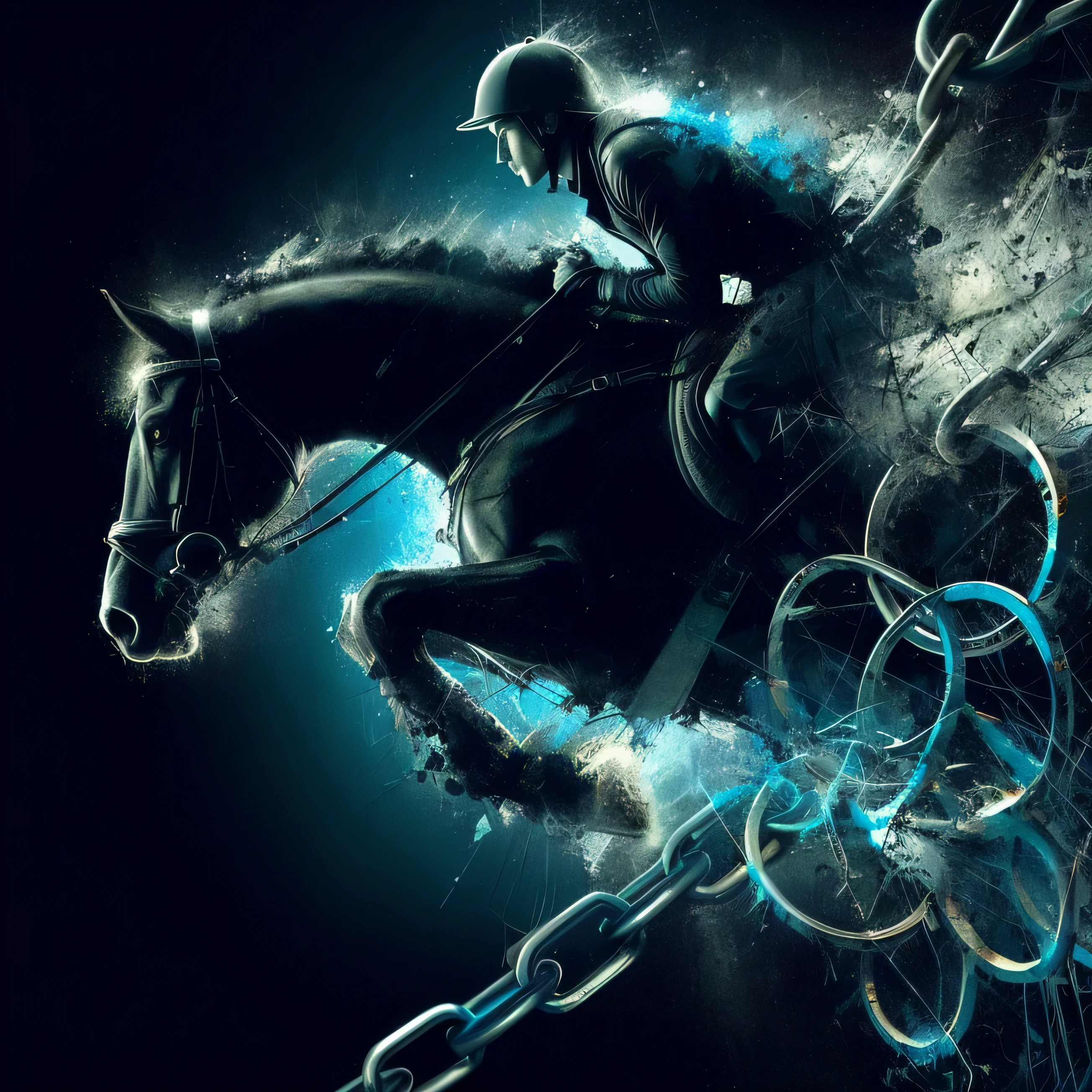 arafed image of a man riding a horse with chains, amazing wallpaper, horse rider, stunning artwork, digital horse, wallpaper - 1 0 2 4, beautiful digital artwork, high quality wallpaper, amazing digital art, amazing, horse racing concept art, stunning digital art, artistic illustration, elaborate digital art, gorgeous digital art, high quality hd digital art, amazing contrasting background
