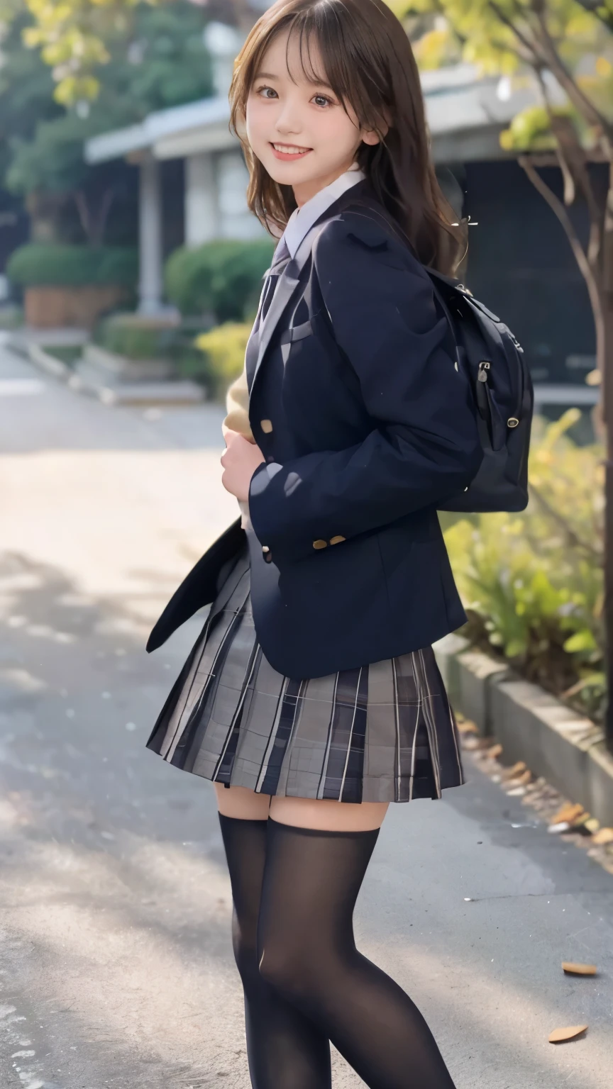Super fine、8k、muste piece、(RAW photo:1.4)、High resolution、((Composition gradually moving away from the subject))、((Full body photo from face to ankles))、((perfect anatomy))、Landscape Pose、1 female 14 years old、detailed skin、glowing skin、baby face、double eyelid、long eyelashes、Moist eyes、small face、smile、open your mouth、Neat and clean hairstyle、school hallway、stand up、Natural light comes in from the windows、Dreaminess、realistic school scenery、middle School girls、A blue and gray school bag slung over my shoulder、、slender and delicate body、small breasts、Blazer uniform with green lines、girls school uniform、plaid skirt、healthy、young female teenager、black tights、black tights、black knee high socks、茶色のloafers革靴、loafers、full body shot、Neat and clean hairstyle、Emphasizes the rather slender leg line