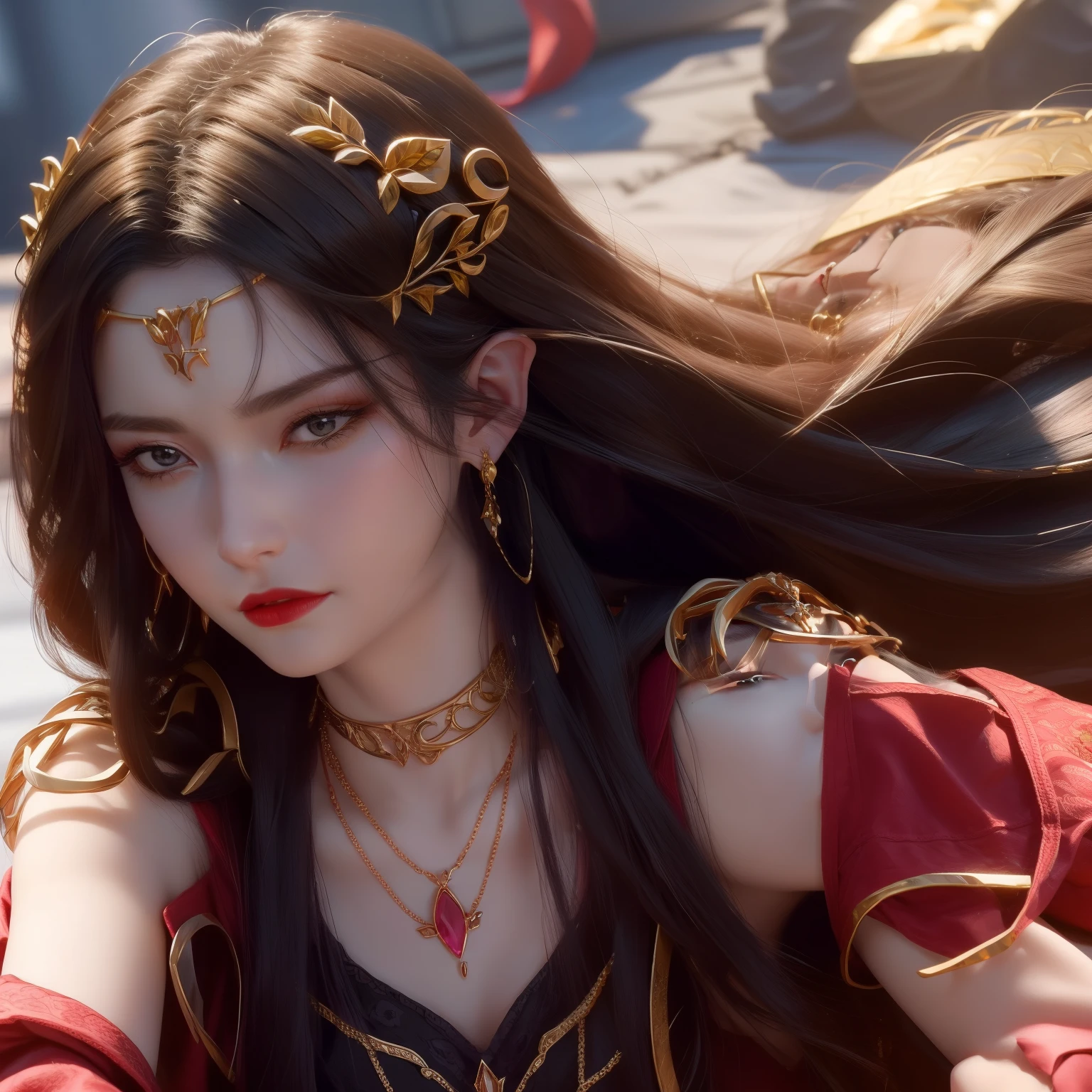 1 girl,jewelry,long hair, hair accessories, necklace, skirt, forehead gem, Pants, adult,close up,, cold face, Upper body, Photorealistic,