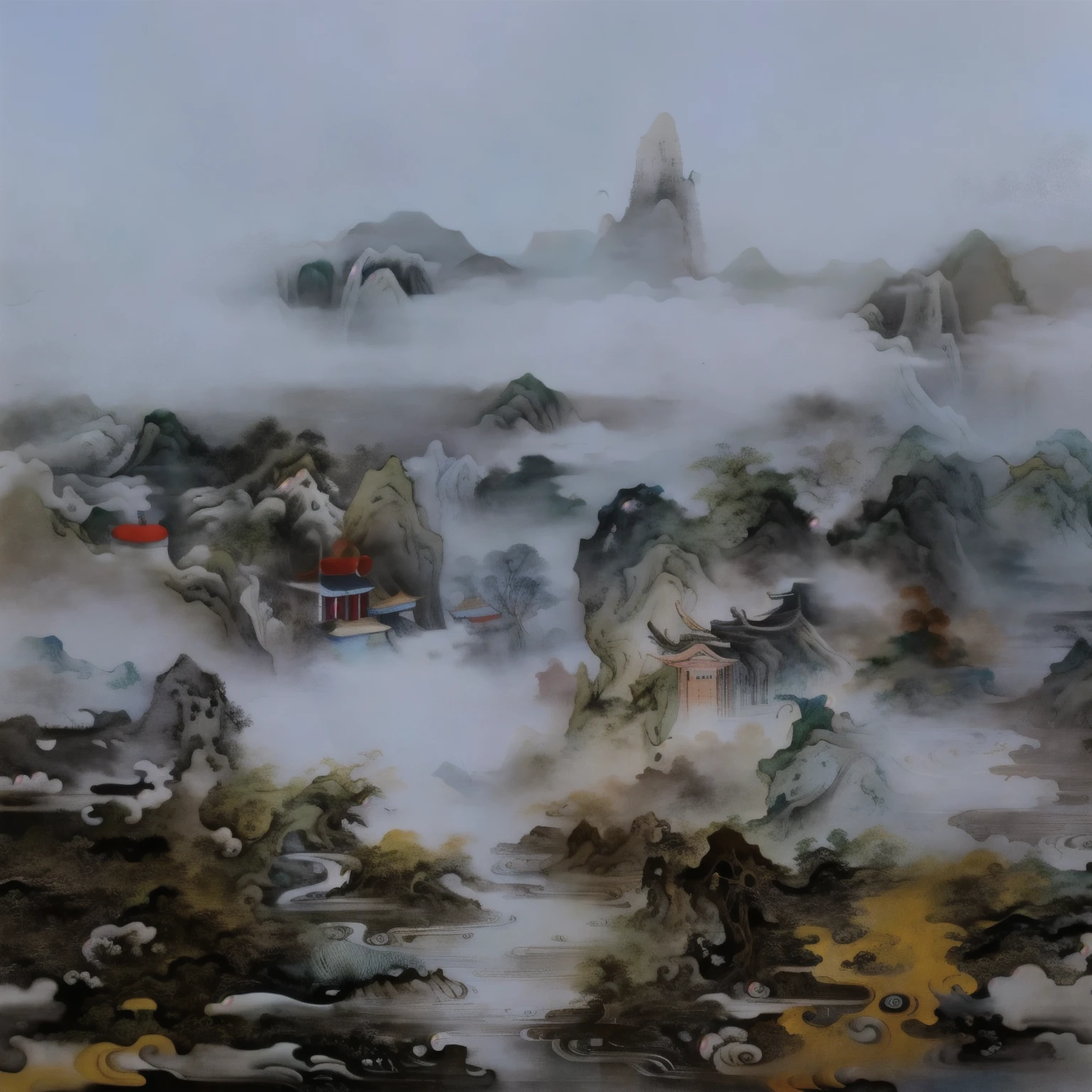 Painting mountain scenery，distant rivers and mountains, mist, Chinese style景, landscape artwork, (mist), Inspired by Hu Jieqing, Chinese painting style, Inspired by Wang Yuanqi, Inspired by Huang Binhong, Chinese style, Inspired by algae, Dreamy, Inspired by Wang Ximeng
