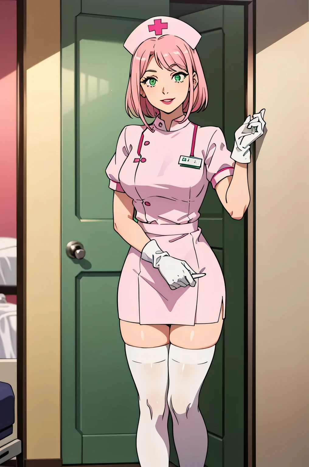 1 female, alone, nurse, nurse cap, Whiteware, ((white legwear, zettai ryouiki)), white gloves, pink hair, green eyes, droopy eyes, pink lips, smile, Are standing, ((hospital room)), sharp outline, short sleeve, mature woman, 32 years old, highest quality, masterpiece