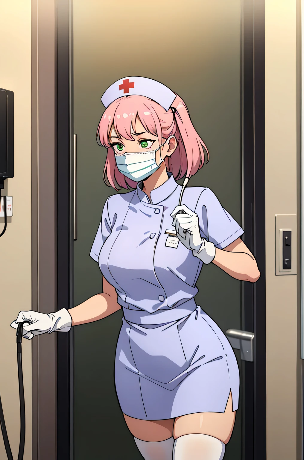 1 female, alone, nurse, nurse cap, Whiteware, ((white legwear, zettai ryouiki)), white gloves, pink hair, green eyes, droopy eyes, ((white surgical mask, Covered nose)), Are standing, ((hospital room)), sharp outline, short sleeve, mature woman, 32 years old, highest quality, masterpiece