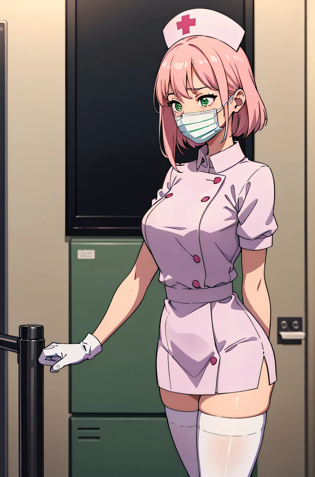 1 female, alone, nurse, nurse cap, Whiteware, ((white legwear, zettai ryouiki)), white gloves, pink hair, green eyes, droopy eyes, ((white surgical mask, Covered nose)), Are standing, ((hospital room)), sharp outline, short sleeve, mature woman, 32 years old, highest quality, masterpiece