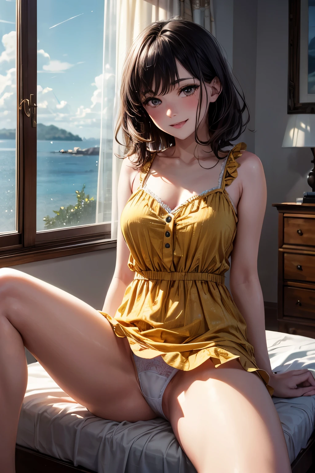 very cute and beautiful girl sitting near window,(floral yellow summer dress with detailed frills),sleeveless,detailed lace,(spread legs,white panties), (highly detailed beautiful face),antique hotel bedroom with outside view,distant trees and ocean, (smile:1.2),blush,medium hair,black hair, (best quality,masterpiece:1.2),absurdres,highres,ultra-detailed,extremely detailed,32k,8k resolution, intricate details,cinematic scene,detailed background,solo,dynamic angle, natural lighting,light particles,beautiful detailed sky,