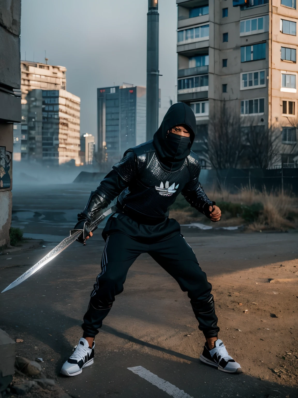 sneaking around with a sword at the ready, black man wearing ((Adidas sportswear)), armor iron, big blue eyes, chainmail, balaclava,dynamic pose, volumetric light, dramatic light, foggy, realistic photo, city background, russianebenya, photorealism, fullbody