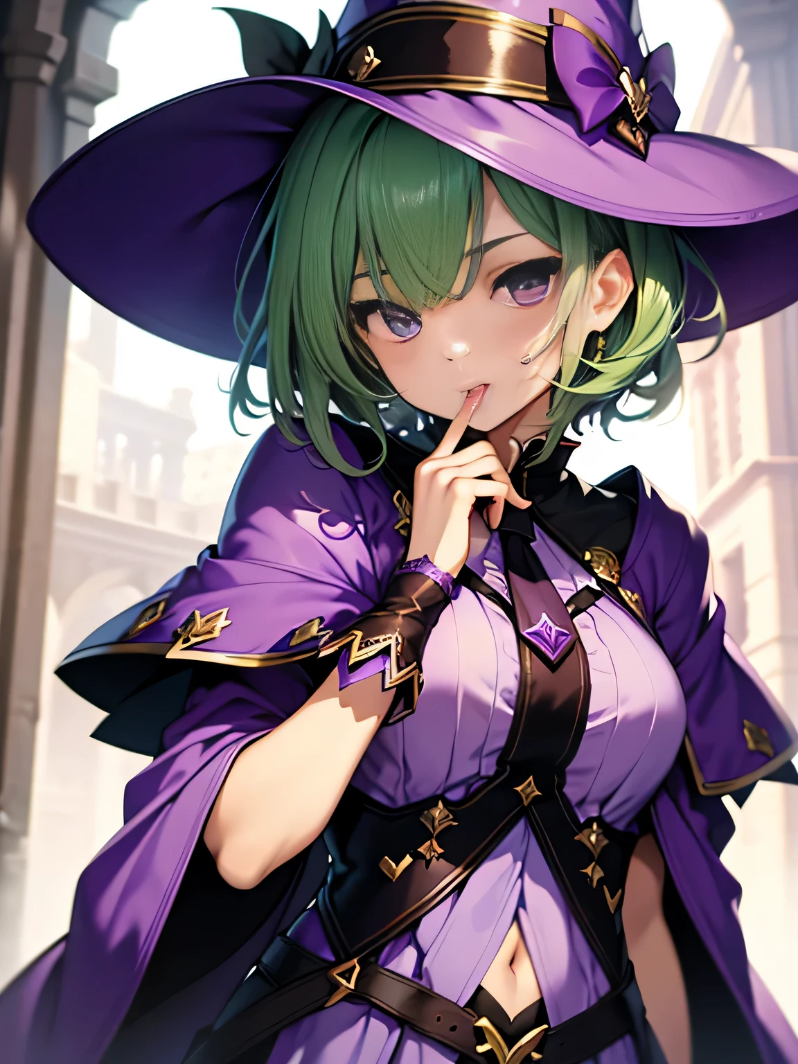 highest quality、very delicate and beautiful、(age girl)、purple eye、green hair、short hair、(purple witch hat)、purple tie、I、short sleeve、purple skirt、purple wizard'robe of、navel cat、(I have chocolate in my hand)、((Valentine))