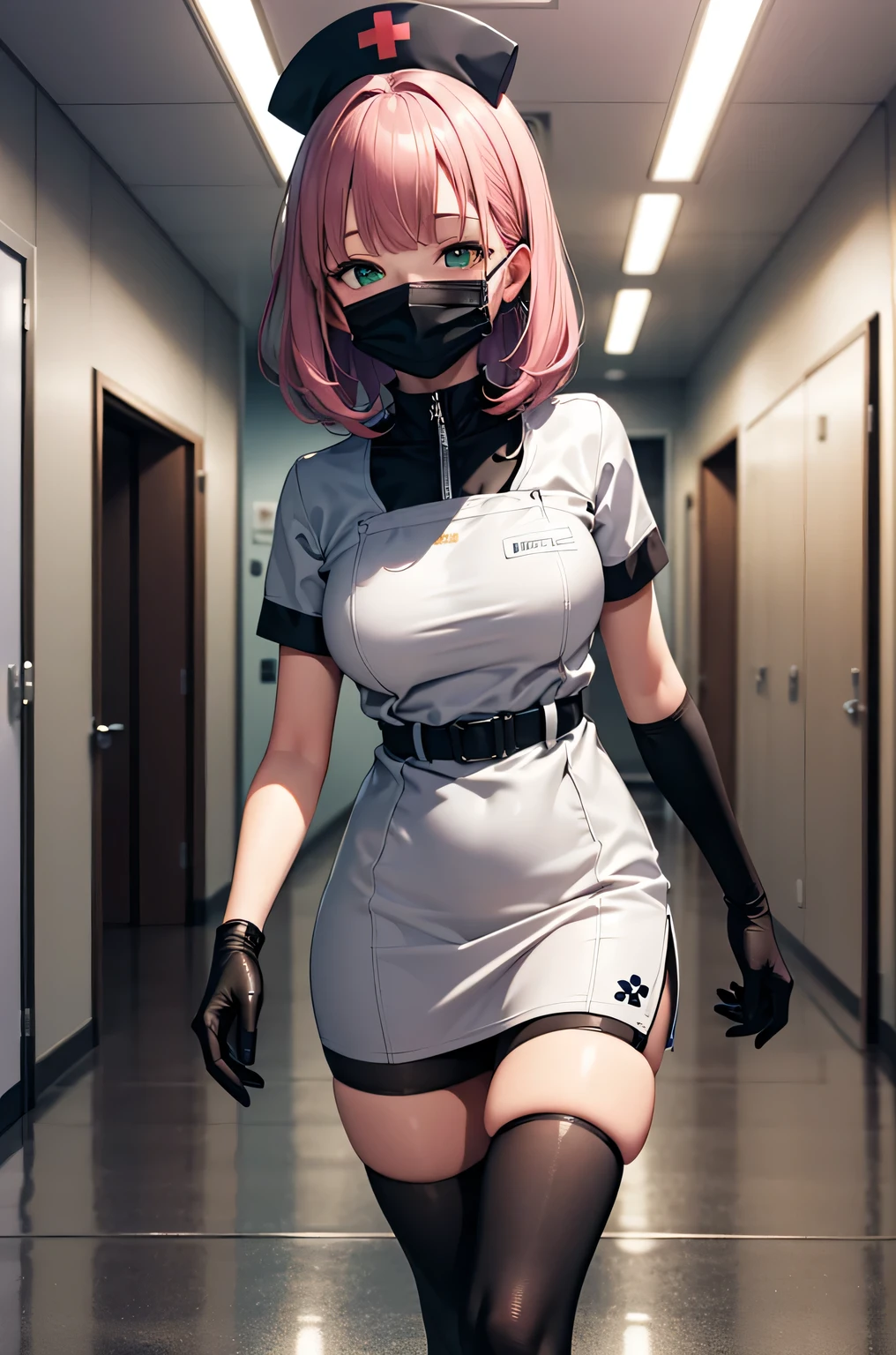 black nurse, 1 girl, alone, black nurse cap, Black Wear, ((black legwear, zettai ryouiki)), black elbow gloves, pink hair, green eyes, droopy eyes, ((Black surgical mask, Covered nose)), Are standing, ((operating room)), sharp outline, short sleeve, highest quality, masterpiece