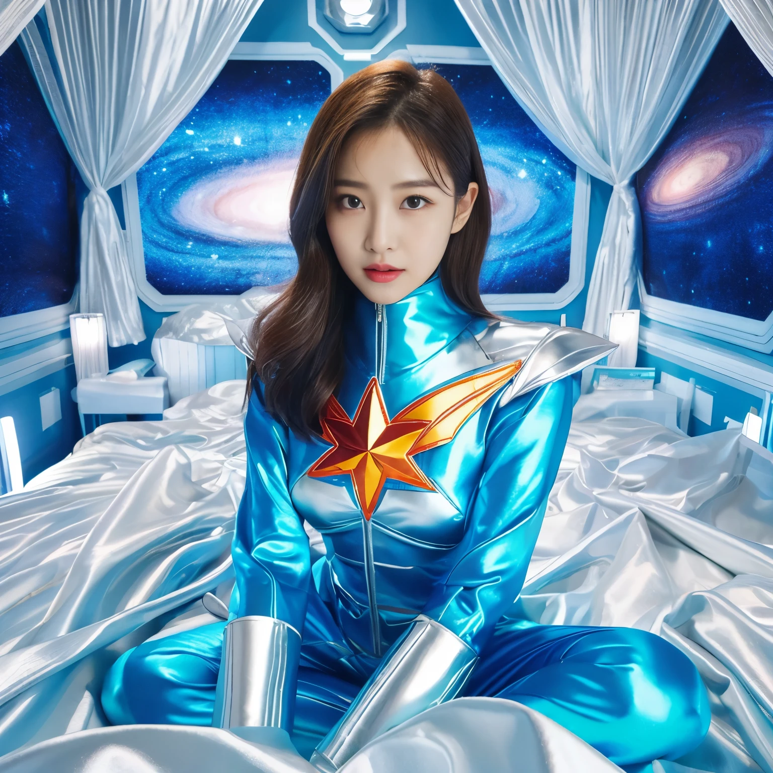 best image quality、Super high resolution、(realism:1.4)、Korean beauty star、The most beautiful KPOP star、face、Horny Korean makeup、erotic expression、A body that makes you want to touch it、Erotic photos、Realistic satin fabric texture、Costume made of stretch satin fabric that is smooth to the touch、The drape of the curved part of the satin fabric、Strong luster of costume、costume quality、8K photo quality、Costume made of high-quality satin fabric with high density、Super-class battle leather cloak with a smooth texture、Super Sentai Women's Heroine Suit、Super-class battleship shiny costumes、Texture of costumes that satin fetishists respond to、Thin, glossy stretch satin fabric、