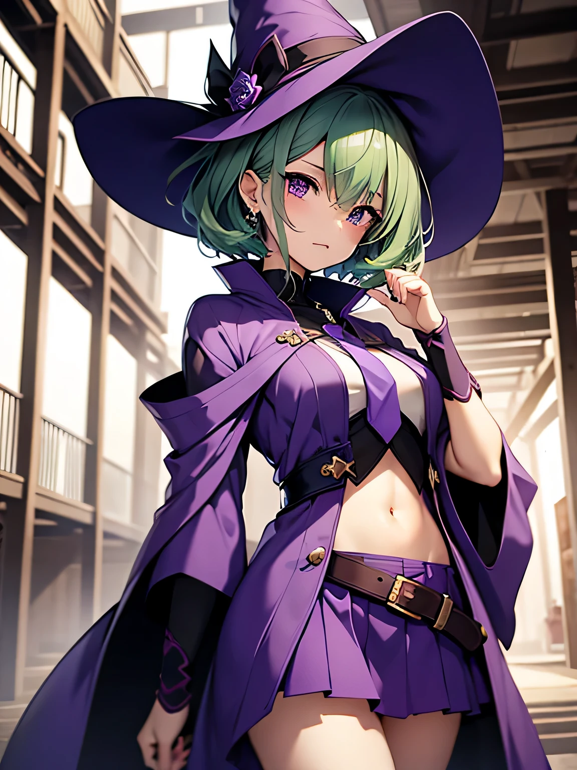 highest quality、very delicate and beautiful、()、purple eye、green hair、short hair、(purple witch hat)、purple tie、I、short sleeve、purple skirt、purple wizard&#39;robe of、navel cat、I have chocolate in my hand、((Valentine))